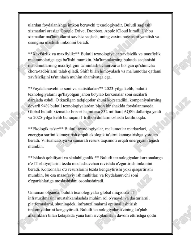 tejamkorlik, kengayish imkoniyati va xavfsizlikni keltirish mumkin. statistika ma'lumotlaridan kelib chiqib, 2023 yiliga kelib korxonalarning qariyb 94% o‘z xizmatlarida bir yoki bir nechta bulutli xizmatdan foydalanmoqda. bulutli xizmatlardan foydalanish orqali korxonalar it xarajatlarini 30% ga qisqartirish imkoniyatiga ega bo‘lganlar. taqdimot dasturlari hozirda asosan bulut orqali xizmat ko‘rsatadi. microsoft powerpoint, google slides va prezi kabi dasturlar taqdimot yaratishda keng qo‘llaniladi. google slides bulutga asoslangan platforma bo‘lib, foydalanuvchilarga har qanday joydan va har qanday qurilmadan taqdimotlarni yaratish va tahrirlash imkonini beradi. prezi esa o‘zining dinamik va interaktiv prezentatsiyalari bilan mashhur bo‘lib, foydalanuvchilar soni 2023 yilida 100 milliondan oshgan. statistik ma'lumotlarga ko‘ra, microsoft powerpoint hali ham eng ommalashgan taqdimot dasturi hisoblanib, unda yaratilgan taqdimotlarning global bozor ulushi 60% ni tashkil etadi. google slides esa 2023 yilida taqdimot dasturlari bozorining 25% ulushiga ega bo‘ldi. prezi esa o‘z noyob va innovatsion yondashuvi tufayli marketing va kreativ sohalarida keng qo‘llaniladi. bulutli texnologiyalar va taqdimot dasturlari birgalikda …