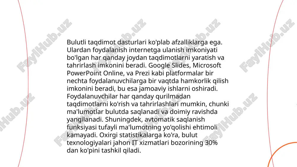 i kutilmoqda, bu esa ushbu sohaning ahamiyatini yana bir bor tasdiqlaydi. bulutli texnologiyalar asosida ishlaydigan taqdimot dasturlari va ularda iwshlash saydaxmedova gavharoy e'tiboringiz uchun raxmat! image1.png image2.png image3.png image4.png image5.png image6.png image7.jfif
