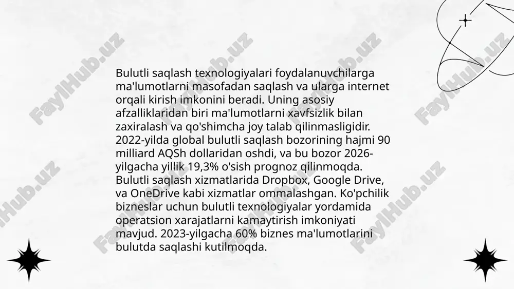 n 40 milliard dollarga yetgan. bulutli infratuzilmada ma'lumotlarni qayta ishlash 60% tezroq amalga oshirilishi va xarajatlarni 50% ga kamaytirishi mumkin. 85% korxonalar katta ma'lumotlarni tahlil qilishda bulutli yechimlardan foydalanishga mo'ljallangan. ... t.me/slaydai_bot bulutli xizmatlar uchun to'lov modellaridan biri — "foydalanish asosida pul to'lash" (pay-as-you-go). bu modelda foydalanuvchilar foydalanilgan resurslar hajmiga qarab haq to'laydilar, masalan, saqlash joyi yoki ishlov berilgan ma'lumotlar miqdori uchun. keyingi model — "obuna asosida to'lov" bo'lib, bu holda foydalanuvchilar oyiga yoki yiliga belgilangan miqdorni to'laydi. boshqa model, "reja asosida to'lov", oldindan aniqlangan resurslarga mos keladigan qat'iy tariflarni o'z ichiga oladi. masalan, google cloud va aws bulutli xizmatlari ushbu to'lov modellarini taklif etib, foydalanuvchilarga xarajatlarni boshqarish imkoniyatini beradi. ... t.me/slaydai_bot 10. bulutli hisoblashda himoyalanmagan ma'lumotlar bulutli hisoblashda himoyalanmagan ma'lumotlar xavfi sezilarli darajada oshib bormoqda. hisob-kitoblarga ko'ra, dunyo bo'ylab tashkilotlarning 70 foizi himoyalanmagan ma'lumotlardan aziyat chekadi. 2022 yilda, global miqyosda 20% kompaniyalar o'zlarining eng muhim ma'lumotlarini bulutda saqlaydi, biroq …