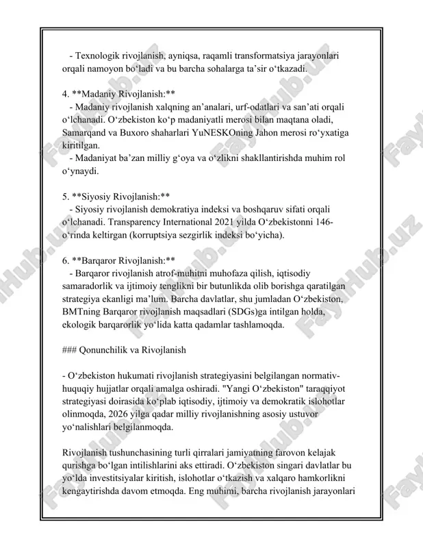 jlanish. masalan, ta'lim sohasida ming yillikning turli raqamlari muhimdir. 2023 yilda o'rta maktab ta'limiga qamrab olish darajasi dunyo bo'ylab 85 foizga yetdi. savodxonlik darajasi esa dunyo bo'ylab 90 foizdan oshdi. ijtimoiy tengsizlikni kamaytirish ham taraqqiyotning bir qismidir. jinsiy tenglik indeksiga ko'ra, 2023 yilda dunyo bo'ylab umumiy tenglik ko'rsatkichi 0.68 ni tashkil etdi, bu esa hali ham yaxshilanish kerakligini ko'rsatadi. shaharlar rivojlanishi ham e'tiborga molikdir. 2023 yilda urbanizatsiya darajasi global miqyosda 57 foizga yetdi, ya'ni dunyo aholisining yarmidan ko'pi shahar hududlarida yashaydi. taraqqiyot va rivojlanish — murakkab va ko'plab o'lchamlarga ega sohadir, lekin ushbu raqamlar global progressni aks ettiruvchi asosiy ko'rsatkichlardir. 3. evolyutsion qonunlar evolyutsiya qonunlari biologiya fanining muhim bo'limlaridan biri bo'lib, hayotning rivojlanishi va o'zgarishi bilan bog'liq jarayonlarni tushuntirishga yordam beradi. ushbu qonunlar organizmlarning vaqt o'tishi bilan qanday rivojlanishi, moslashishi va yangi turlar hosil bo'lishining mexanizmlarini ochib beradi. quyida evolyutsiya qonunlari haqida asosiy ma'lumotlar va statistikalar keltiriladi. 1. **tabiiy selektsiya**: …