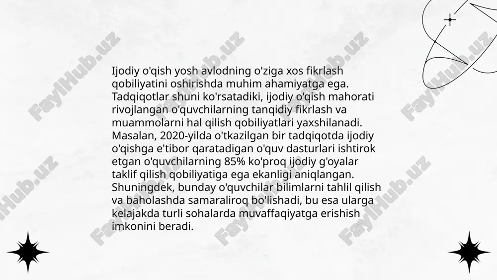 g mantiqiy va ijodiy imkoniyatlarini rivojlantirsa bo'ladi. katta yoshdagi talabalarga esa turli kurslar va seminarlar orqali ijodkorlikni rag'batlantirish lozim. kitob o'qish bilan bir qatorda 90 daqiqalik ijodiy mashg'ulotlar ham foydali bo'lishi mumkin. muhimi, hamma jarayon o'yin yoki qiziqarli faoliyat bilan bog'langan bo'lsa, ijodiy fikrlash samaradorligi ortadi. adabiyot darslarida ijodali oʻqishning talab va meʼyorlari oliy taʼlim, fan va innovatsiyalar vazirligi urganch davlat pedagogika instituti filologiya va tarix fakulteti oʻzbek tili va adabiyoti yoʻnalishi 222-guruh talabasi ismoilova oyshajonning adabiyot oʻqitish metodikasi fanidan tayyorlagan taqdimoti e'tiboringiz uchun raxmat! image1.png image2.png image3.jpg image4.png image5.png image6.jpg image7.png