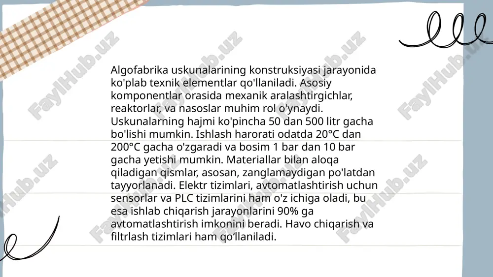 h kerak. masalan, ko‘prikning loyihalash bosqichida dinamik yuklamalar sifatida transport vositalarining og‘irligi va tezligi hisobga olinadi. odatda, dinamik yuklamalar statik yuklamalarga qaraganda murakkabroq bo‘lib, ularning ta'sirini tahlil qilish uchun kompyuter modellashtirish metodlari qo‘llaniladi. ... t.me/slaydai_bot uskunalar orasidagi muvofiqlik muhim ahamiyatga ega, chunki 2023-yilda talablarga ko'ra, har bir ishlab chiqarish liniyasidagi 80% uskunalar bir-biri bilan mos kelishi kerak. shuningdek, uskunalar o'rtasidagi ulanish 95% darajada sinxronlashtirilishi lozim. statistik ma'lumotlarga ko'ra, kompaniyalar muvofiqlik masalasiga e'tiborsiz bo'lganda, ishlab chiqarish samaradorligi 30% ga pasayishi mumkin. iso standarti talablariga mos kelish orqali ishlab chiqarish jarayonini optimallashtirish va xarajatlarni 15% ga kamaytirish mumkin. shu munosabat bilan, 2022-yilda xalqaro tadqiqotlar uskunalar muvofiqligi bo'yicha kiritilgan sarmoyalarning har bir dollariga $2.5 darajada foyda keltirishini ko'rsatdi. ... t.me/slaydai_bot 10. tarmoqli boshqaruv tizimlari tarmoqli boshqaruv tizimlari (tbt) kompyuter tarmoqlarida ma'lumotlar almashinuvi va resurslarni boshqarish uchun mo'ljallangan dasturiy to'plamlardir. ushbu tizimlar tarmoq qurilmalarining integratsiyasini, xavfsizligini, samaradorligini ta’minlaydi. odatda, tarmoqli boshqaruv tizimlari quyidagi funksiyalarni …