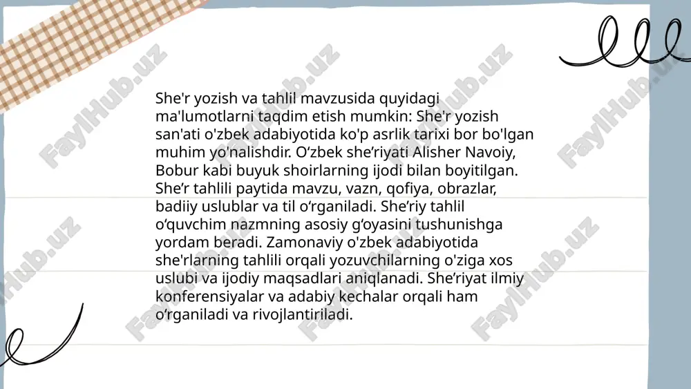 muayyan vazifani bajaradi. kirishda muhim savollar ko'tarilib, asar mavzusi belgilab olinadi. asosiy qismda dalillar va argumentlar keltiriladi, u odatda uch yoki undan ortiq paragrafdan tashkil topadi. xulosada esa muhim xulosalar chiqariladi. 40 dan 120 so'z oralig'ida bo'lishi, mantiqiy bayonni qo'llab-quvvatlash zarur. adabiy esse yozishda o'zbek va jahon adabiyotidan misollar keltirish mumkin. adabiyot fanidan tashqari mashgʻulotlarning turlari va ularni tashkil etish usullari oliy taʼlim, fan va innovatsiyalar vazirligi urganch davlat pedagogika instituti filologiya va tarix fakulteti oʻzbek tili va adabiyoti yoʻnalishi 222-guruh talabasi ismoilova oyshajonning adabiyot oʻqitish metodikasi fanidan tayyorlagan taqdimoti e'tiboringiz uchun raxmat! image1.png image2.png image3.png image4.jpg image5.png image6.jfif image7.jpg