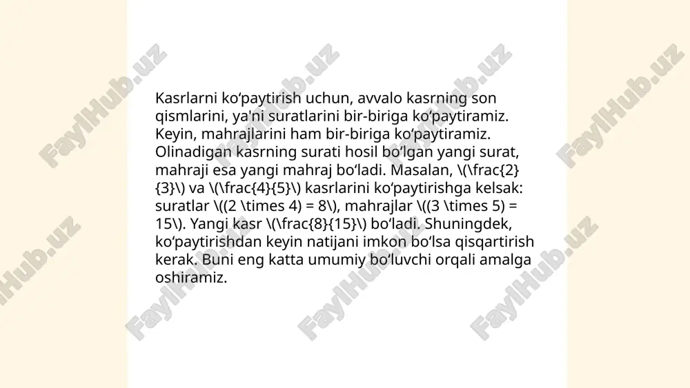 nini o‘ngini o‘zgartirib, uni teskari kasrga aylantirish kerak; masalan $\frac{1}{2} \div \frac{2}{3} = \frac{1}{2} \times \frac{3}{2} = \frac{3}{4}$. shuni yodda tutish lozimki, barcha amallarda kasrlarni qisqartirish mumkin. ... t.me/slaydai_bot kasrlar va o‘nlik sonlar matematikada muhim ahamiyatga ega. kasrlar sonlar qismi va butun qismdan iborat, masalan, 3/4 yoki 5/8 kabi sonlar. o‘nlik sonlar esa o‘nlik kasr ko‘rinishida ifodalanadi, masalan, 0.75 yoki 2.5. kasrlarni o‘nlik sonlarga aylantirish mumkin va aksincha. masalan, 1/2 o‘nlik son sifatida 0.5 ga teng. o‘nlik kasrlar haqidagi ma’lumotni kattalashtirish uchun ular tuzilishini tushunish kerak, bunda butun qism chap tomonda va kasr qism o‘ng tomonda joylashadi. kasr va o‘nlik sonlar bilan hisoblashlar aniq miqdorlarni aniqlashda yordam beradi. ... t.me/slaydai_bot haqiqiy va soxta kasrlar matematikada turli xil kasr turlarini ifodalaydi. haqiqiy kasr – bu kasrning suratining (yuqori qism) maxraji (quyi qism)dan kichik bo‘lgan kasr. masalan, \( \frac{3}{5} \) haqiqiy kasr hisoblanadi, chunki 3 4. soxta kasrni aralash son shaklida yozish …