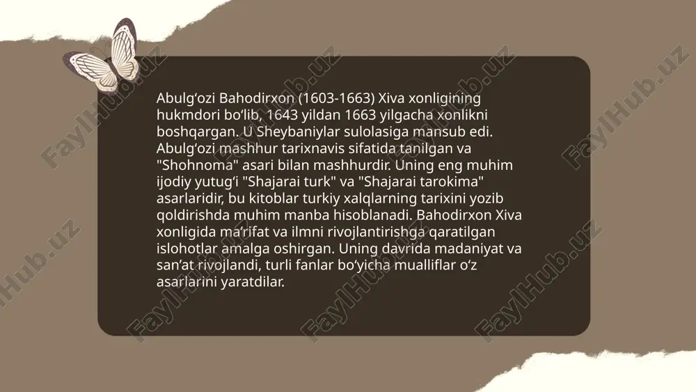 aqida ma'lumotlar mavjud. turkiy xalqlar boy adabiy merosga ega bo‘lib, she'riyat va xalq og‘zaki ijodi muhim o‘rin tutgan. hunarmandchilik, ayniqsa, to‘qimachilik va kulolchilik rivojlangan. asardagi ba'zi raqamlarga ko‘ra, turkiy xalqlar taxminan 6-8 asrlarda ushbu hudud va unga qo‘shni yerlarda istiqomat qilishgan, va bu madaniyatlar bir-biriga o‘zaro ta'sir ko‘rsatib, zamonaviy odatlar va an'analarni shakllantirishda asos bo‘lgan. ... t.me/slaydai_bot 9-sinfda "asarning til va uslubiy xususiyatlari" mavzusida o'quvchilar asarning tilining boyligini, uslubiy xususiyatlarini o'rganadilar. matnlarning tili, lug'at boyligi, so'z tanlovi va grammatik qurilishiga alohida e'tibor qaratiladi. uslubiy jihatlar esa muallifning o'ziga xos yozish uslubi, badiiy vositalar, tahlil va ta'sirchanlik texnikalarini o'z ichiga oladi. o'quvchilar turli uslublari bilan ajralib turadigan adabiy asarlarni o'qib, tahlil qilib, muallifning fikrlarini, his-tuyg'ularini qanday ifoda etganini tushunishadi. ushbu mavzu o'quvchilarga matnni chuqurroq tahlil qilish, muallifning maqsadini aniqlash va bevosita yoki bilvosita ifodalarni anglash imkonini beradi. ... t.me/slaydai_bot 10. abulgʻozi bahodirxonning maqsadi va niyatlari abulgʻozi bahodirxonning maqsadi va niyatlari asosan …