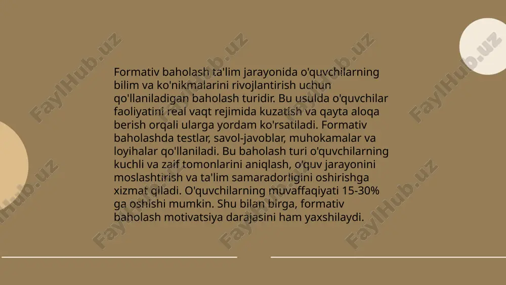 ga. odatiy baholash mezonlari quyidagilarni o'z ichiga olishi mumkin: mavzuga moslik (20 balgacha), mantiqiy tuzilish (20 balgacha), dalillar va ma'lumotlar ishonchliligi (20 balgacha), til va uslubning aniqligi (20 balgacha), grammatik va imlo nozikligi (20 balgacha). o'quvchilarning yozma ishlari ushbu mezonlar bo'yicha tekshiriladi, bu esa ularga o'z yozish malakalarini yanada oshirish imkoniyatini beradi. har bir mezon uchun maksimal 20 ball berilishi mumkin, umumiy hisobda esa 100 ballgacha erishish mumkin. adabiy taʼlimda oʻquvchilar bilimini nazorat qilish va baholash oliy taʼlim, fan va innovatsiyalar vazirligi urganch davlat pedagogika instituti filologiya va tarix fakulteti oʻzbek tili va adabiyoti yoʻnalishi 222-guruh talabasi ismoilova oyshajonning adabiyot oʻqitish metodikasi fanidan tayyorlagan taqdimoti e'tiboringiz uchun raxmat! image1.png image2.png image3.png image4.jpg image5.png image6.jpg image7.jpg
