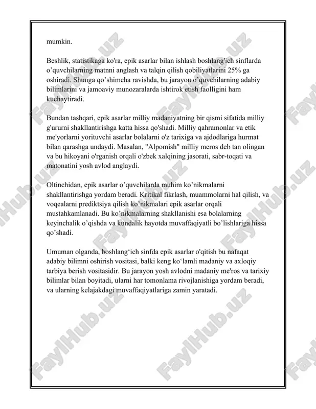 jumladan, mimika, intonatsiya va ishtirokchi tomonidan yaratilgan umumiy taassurot muhim hisoblanadi. - boshlang‘ich sinf o‘quvchilarining yoshiga mos ravishda ham ikkiga ajratiladigan baholash mezonlari qo‘llanadi. 5. **tanlov natijasi va mukofotlar**: - ishtirokchilar orasidan eng yaxshi ijrochilar tanlab olinadi va mukofotlanadi. - g‘oliblarga kitoblar, diplomlar, esdalik sovg‘alari va boshqalar beriladi. - tanlov yakunida barcha ishtirokchilarga nomoddiy rag‘batlantirish vositalari ham qo‘llaniladi, masalan, maktabda nashr qilinadigan bulletinlarda alohida maqola yoki profil ochilishi. 6. **o‘tkazilgan tanlovlarning natijalari va statistik ma'lumotlar**: - mamlakatda o‘tkazilgan bunday tadbirlar natijasida o‘quvchilarning adabiyotni o‘rganishga qiziqishi oshib borganligi hamda ma'naviy-axloqiy tarbiyasida ijobiy natijalar qayd etilgan. - har yili o‘tkaziladigan tanlovlarda o‘rtacha 2000 dan oshiq bola ishtirok etadi. - o‘tkazilgan so‘rovlar natijasida 95% ishtirokchilar tanlovni qiziqarli va foydali deb topishgan. yuqoridagi ma'lumotlar boshlang‘ich sinf o‘quvchilari uchun epik asarlar tanlovlari haqida dastlabki tasavvur beruvchi axborotlar hisoblanadi. bu kabi tanlovlar bolalarning ijodiy salohiyati, madaniyatlararo bilim olishiga keng yo‘l ochadi va ularni adabiyotga mehr bilan …