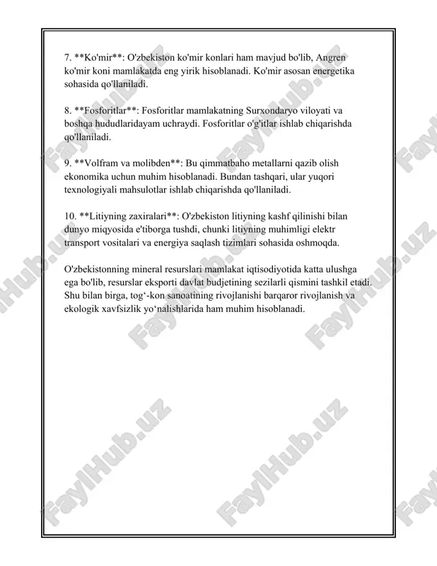 ng qo'llaniladigan asosiy foydali qazilmalardir. ushbu minerallar mato sifatini yaxshilash, rangni barqarorlashtirish, atrof-muhit ta'sirlariga chidamliligini oshirish kabi maqsadlarda ishlatiladi. to'qimachilik sanoati ushbu foydali qazilmalar orqali o'z mahsulot sifatini va bozordagi raqobatbardoshligini oshiradi. shu bilan birga, sifatli va uzoq muddatli matolar, kiyim-kechaklar ishlab chiqarish imkoniyatlarini kengaytiradi. 3. o'zbekistonning oltin konlari o‘zbekiston oltin konlari boyligi bo‘yicha dunyodagi yetakchi mamlakatlardan biri sanaladi. o‘zbekistondagi ko‘plab yirik konlar mamlakat iqtisodiyotiga katta hissa qo‘shib kelmoqda. mamlakat oltin zaxiralarining asosiy qismi navoiy viloyatida joylashgan. quyida o‘zbekistonning oltin konlari haqida batafsil ma’lumot beriladi. 1. **muruntov**. o‘zbekistondagi eng yirik oltin koni bo‘lgan muruntov jahonda ham eng yiriklardan biri hisoblanadi. uning zaxiralari 1700 tonnadan oshadi. muruntov koni 1967-yilda kashf etilgan va hozirgi kunda navoiy kon-metallurgiya kombinati tomonidan ishlov berilmoqda. har yili bu kon 60 dan 70 tonnagacha oltin ishlab chiqaradi, bu o‘zbekistonning umumiy oltin ishlab chiqarish hajmining sezilarli qismini tashkil etadi. 2. **kon qor metrosi**. muruntovdan keyin eng yirik konlardan …