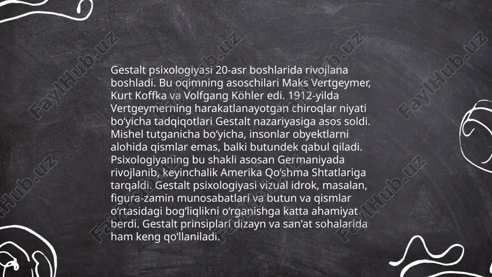 shini o'rganadi. bu nazariya asosiga kiruvchi asosiy tamoyillar: yaqinlik, o'xshashlik, davomiylik, yopilish va oddiylik tamoyillaridir. bu tamoyillar orqali ob'ektlar va tasvirlar shaxs tomonidan yaxlit bir butun sifatida qabul qilinadi. gestalt nazariyasi asoschilari max wertheimer, wolfgang köhler va kurt koffkalardir. analitik psixoterapiya.geshtald psixologiya. sharipov laziz e'tiboringiz uchun raxmat! image1.png image2.png image3.png image4.jpg image5.png image6.jpg image7.jfif