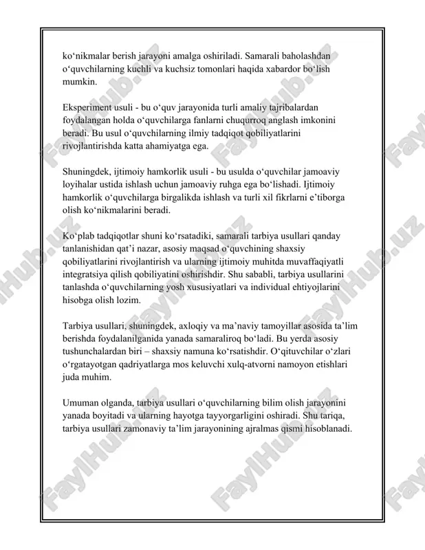 shiriladi. 5. **"ijtimoiy tarbiya"** – bu tarbiya ommaviy axborot vositalari, internet, kinofilmlar va boshqa ijtimoiy tarmoq vositalari orqali shakllanadi. uchinchidan, zamonaviy pedagogika fani tarbiya shakllarini samaradorlik darajasi bo‘yicha baholaydi. tarbiyaning samaradorligini oshirish uchun turli innovatsion metodlar va texnologiyalar tatbiq etiladi. masalan, interaktiv usullarni, ijodiy faoliyat turlarini qo‘llash orqali tarbiyaning sifatini oshirish ushbu metodlardan biridir. tarbiya shakllarining tasnifi qator fanlar kesimida tahlil qilinadi, jumladan psixologiya, sotsiologiya, pedagogika kabi fanlar bu jarayonning nazariy va amaliy jihatlarini o'rganadi. tarbiya usullarini takomillashtirish va yangilash orqali milliy qolipda yetuk insonlar tarbiyasi amalga oshiriladi. izchil va samarali tarbiya jarayonining amalga oshirilishi jamiyatning har bir a'zosi oldida turgan maqsadlarga erishishda muhim ahamiyat kasb etadi. tarbiya shakllari orasida bo'lgan muvofiqlik, ularning o‘zaro bog‘liqligi va bir-birini to‘ldirib borishini ta'minlash orqali yuqori natijalarga erishish mumkin. 3. tarbiya jarayonida usul va shakllarning o‘rni tarbiya jarayonida usul va shakllarning o‘rni masalasi juda muhim. bu mavzu ko‘p yillar mobaynida pedagoglar, psixologlar va boshqa …