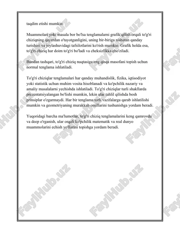 a zarur bo‘ladi. 3. to'g'ri chiziqlarni matematik ifodalash to'g'ri chiziqlarni matematik ifodalash matematikada muhim tushunchalardan biri hisoblanadi. ushbu tushuncha yordamida biz geometriyada turli masalalarni yechishimiz va toʻgʻri chiziqlarning xususiyatlarini oʻrganishimiz mumkin. to'g'ri chiziqni ifodalash uchun eng keng tarqalgan usul bu uning tenglamasini yozishdir. eng oddiy koʻrinishda toʻgʻri chiziq tenglamasi quyidagi koʻrinishda bo'ladi: \[ y = mx + b \] bu yerda: - \( y \) - toʻgʻri chiziq ustida yotuvchi nuqtaning ordinatasi; - \( x \) - toʻgʻri chiziq ustida yotuvchi nuqtaning abstsissasi; - \( m \) - toʻgʻri chiziqning qiyalik koeffitsienti yoki gradiyenti; - \( b \) - toʻgʻri chiziqning vertikal kesmasi, ya'ni u \( y \)-ni kesib oʻtadigan joy. qiyalik koeffitsienti \( m \) toʻgʻri chiziqning qiyshiq yoki tikligini ifodalaydi. agar \( m > 0 \) bo'lsa, toʻgʻri chiziq yuqoriga koʻtariladi, \( m < 0 \) bo'lsa, u pastga tushadi. \( m = 0 \) bo'lsa, to'g'ri chiziq …