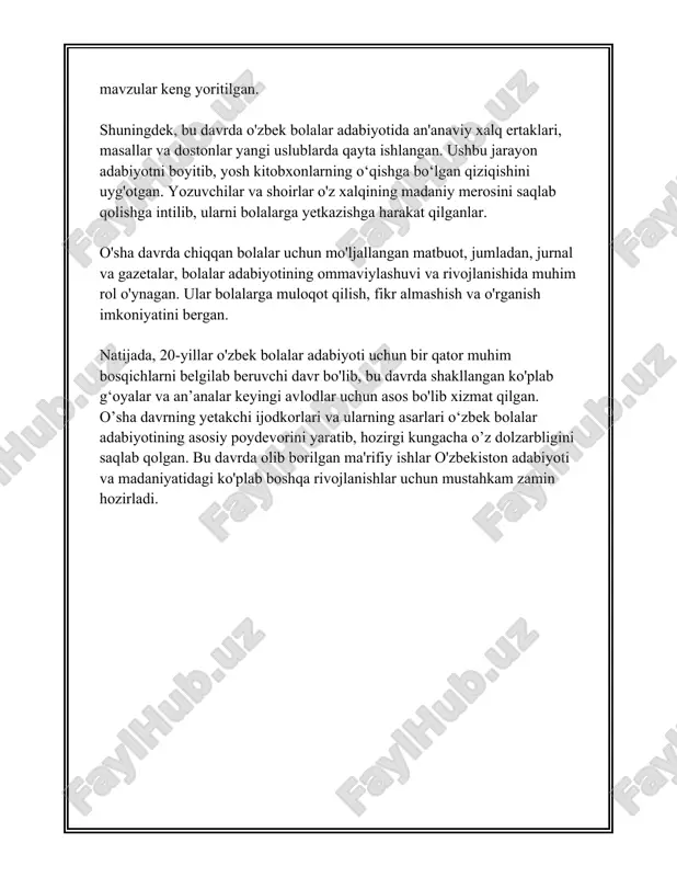 ali mualliflar bolalarning faylasufona o‘ylarini rivojlantirishga harakat qildilar. shuni ta’kidlash kerakki, 20-yillarda bolalar adabiyotining mazmun va shakl jihatidan boyib borishi mualliflarning ijodiy ishtiyoqi va o‘z davrining talablariga mos ravishda asarlar yaratishiga bog‘liq edi. shu bilan birga, bosma matbuot va kitoblarning tarqalishi, maktablar va kutubxonalar tarmog‘ining rivojlanishi ham bolalar adabiyotining ommalashishiga katta hissa qo‘shdi. 20-yillarning bolalar adabiyotida e’lon qilingan ko‘plab asarlar hali ham o‘z ahamiyatini yo‘qotmagan holda bolalar tarbiyasida muhim o‘rin egallab kelmoqda. 3. 20-30-yillar o'zbek bolalar she'riyati 1920-30-yillar o'zbek bolalar she'riyati davri o'zbekiston adabiyoti va madaniy hayotida muhim ahamiyatga ega. bu davrda ko'plab istiqlol, yangilanish va ta'lim sohasidagi o'zgarishlar fonida bolalar adabiyotiga e'tibor qaratildi. o'sha davrda o'zbekiston bolalar adabiyoti asosan didaktik yo'nalishda rivojlandi. o'qituvchilar va adiblar yosh avlodni tarbiyalash va ularga yangi dunyoqarashni singdirishga harakat qildilar. 1920-yillar boshlarida ma'rifatparvarlik va ma'rifiy g'oyalar bolalar she'riyatida keng ifoda etildi. 1920-yillarda bolalar uchun she'rlar yozgan ilk adiblardan biri hamza hakimzoda niyoziy edi. u …
