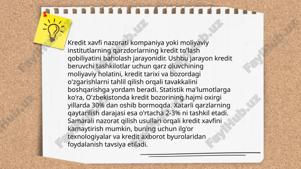 ha samarali dasturlarga ega bo‘lganini ma'lum qilgan. shu bilan birga, rivojlanayotgan texnologiyalar, xususan sun'iy intellekt, qonunlarga muvofiqlik jarayonlarini avtomatlashtirish imkoniyatini oshirmoqda. bu usul kompaniyalarga tezroq va aniqroq muvofiqlikni ta'minlashga yordam beradi. ... t.me/slaydai_bot firibgarlikni aniqlash strategiyalari turli xil usullardan iborat bo'lib, yirik korporatsiyalar va moliya institutlari uchun muhimdir. birinchi strategiya statistik tahlildir; bu usulda firibgarlikni bashorat qilish uchun o'tmishdagi ma'lumotlar o'rganiladi. ikkinchisi — mashinani o'rganish algoritmlari, jumladan, oʻzgaruvchan anomaliyalarni aniqlash. uchinchi strategiya — aniq qoida bazalari, ya'ni firibgarlik xavfini bilgilash uchun turli mezonlar asosida ishlaydi. toʻrtinchi yondashuv real vaqt rejimida monitoring qilish bo'lib, tranzaktsiyalarni darhol tekshiradi. oxirgisi esa xavfni tahlil qiluvchi dasturiy vositalardan foydalanib, xodimlarni muntazam o'quv-amaliyot yig'inlariga jalb etish hisoblanadi. ... t.me/slaydai_bot 10. likvidlik boshqaruvi likvidlik boshqaruvi kompaniya yoki bankning qisqa muddatli majburiyatlarni bajarishi uchun zarur bo'lgan naqd pul va boshqa likvid aktivlarni boshqarish jarayonidir. ushbu boshqaruv tizimi kompaniyaning kunlik naqd pulsiz turib qolmasligini, to'lov majburiyatlarini o'z vaqtida bajarishini …
