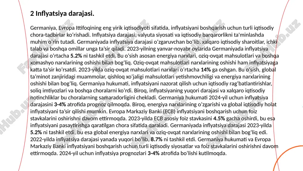 r faoliyatiga katta ta’sir ko‘rsatadi. 2023-yilga kelib, frankfurt fond birjasi germaniyaning asosiy fond bozori bo'lib, uning umumiy bozor kapitalizatsiyasi 2.5 trillion evroga yaqin edi. bu o‘zgarishlar germaniyaning iqtisodiy rivojlanishi va kompaniyalar daromadlarining oshishi bilan bog‘liq. dax 30 indeksi, germaniyaning eng yirik va eng faol savdo qilinadigan 30 ta kompaniyasining aksiyalarini o‘z ichiga oladi. 2023-yilda dax 30 indeksi o‘rtacha +8% ga o‘sdi. bu o‘sish asosan sanoat va texnologiya kompaniyalarining yuqori daromadlari va bozor ehtiyojlarining o‘sishi bilan bog'liq edi. 2023-yil oxiriga kelib, germaniya fond bozorida savdolar hajmi 3 trillion evroni tashkil etdi. bu o‘sish, fond bozoriga kirib kelgan yangi investorlarga va shuningdek, iqtisodiy barqarorlikning oshishiga asoslangan. germaniya aksiyalar bozorida eng ko‘p savdo qilingan kompaniyalar orasida volkswagen, siemens, basf, bmw va deutsche bank kabi yirik korporatsiyalar mavjud. bu kompaniyalar yuqori daromadlar va barqaror iqtisodiy o‘sish bilan investorlar e’tiborini tortmoqda. 4 fond bozori. ... t.me/slaydai_bot yalpi ichki mahsulot (yim) mamlakatning iqtisodiy faolligini o'lchaydigan eng …