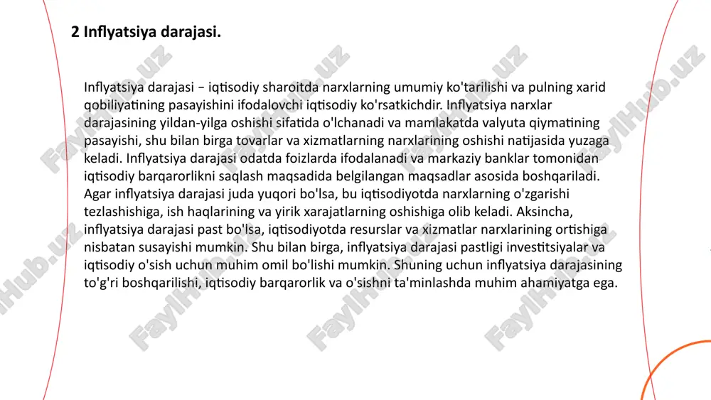 arajasini o‘lchash uchun eng muhim ko‘rsatkichlardan biri bo‘lib, bu mamlakat ichida barcha ishlab chiqarilgan tovarlar va ko‘rsatilgan xizmatlarning umumiy qiymatini bildiradi. yalpi ichki mahsulot mamlakatning iqtisodiy salohiyatini, resurslaridan qanchalik samarali foydalanayotganini va aholi farovonligini o‘lchashda muhim ahamiyatga ega. yim o‘lchovi iqtisodiy faoliyatni tahlil qilishda asosiy vosita hisoblanadi, chunki u iqtisodiy o‘sish yoki qisqarishni, ishlab chiqarish va iste'molning o‘zgarishini ko‘rsatadi. yalpi ichki mahsulotni hisoblashda iqtisodiy operatsiyalarning barcha turlari, ya'ni ishlab chiqarish, xarid qilish, iste'mol qilish va investitsiyalar kiritiladi. yim ikki asosiy usul bilan hisoblanadi: ishlab chiqarish usuli va xarajatlar usuli. ishlab chiqarish usulida yim mamlakat ichida ishlab chiqarilgan barcha tovarlar va xizmatlarning qiymati yig‘indisi sifatida aniqlanadi. bu usulda, har bir ishlab chiqarish jarayoni, ya'ni resurslar, xom ashyo va ishlab chiqarish xarajatlari hisobga olinadi. 5 yalpi ichki mahsulot. ... t.me/slaydai_bot eksport-import har ikki iqtisodiy jarayonning bir qismi bo‘lib, ular mamlakatlarning tashqi iqtisodiy aloqalarini tashkil qiladi va global iqtisodiy tizimda muhim o‘rin tutadi. …