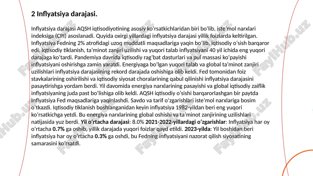 i (neft va gaz narxlarining oshishi tufayli). banklar va sug‘urta kompaniyalari o‘sishda davom etmoqda, garchi foiz stavkalarining oshishi qisqa muddatli ta’sir ko‘rsatgan bo‘lsa ham. 4 fond bozori. ... t.me/slaydai_bot aqsh iqtisodiyoti dunyodagi eng yirik iqtisodiyotlardan biri bo‘lib, yalpi ichki mahsulot (yim) global iqtisodiy faoliyatning muhim ko‘rsatkichidir. quyida oxirgi yillardagi aqshning yimiga oid sonlar va foizlardagi ma’lumotlar keltirilgan. 2021-yil: +5.9% (pandemiyadan keyingi tiklanish bosqichi). 2022-yil: +2.1% (inflyatsiya va foiz stavkalarining oshishi ta’siri). moliyaviy xizmatlar, sog‘liqni saqlash, ta’lim va texnologiya asosiy drayverlar hisoblanadi. elektr transport vositalari, qurol-yarog‘ ishlab chiqarish va mikrochiplar yetakchi segmentlardir. federal zaxira tizimining inflyatsiyani jilovlash uchun foiz stavkalarini oshirishi iqtisodiy o‘sishga ma’lum darajada ta’sir ko‘rsatdi. sun’iy intellekt va raqamli texnologiyalar o‘sishni jadallashtiruvchi omillar sifatida ko‘rilmoqda. aqsh savdo balansidagi tanqislik (eksport-import farqi) yimning o‘sish sur’atlariga ta’sir qiladi. iste’molchilar xarajatlari yimning ~70% ini tashkil etadi. xarajatlar darajasi yuqori bo‘lib qolmoqda, ammo inflyatsiya va yuqori foiz stavkalari iste’mol sur’atini sekinlashtirishi mumkin. 2019-yil: …