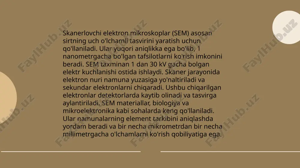 mikroskop yordamida hujayra organellalari, viruslar, bakteriyalar va boshqa mikroskopik tuzilishlarning aniq tasvirlarini olish mumkin. patologik tahlillarda elektron mikroskopiya turli kasalliklarning, masalan, saraton, infeksiyalar va genetika kasalliklarining diagnostikasi va izlanishida asosiy vosita hisoblanadi. bu texnologiya mutaxassislarga bemor salomatligini yaxshiroq baholash va individual davolash strategiyalarini ishlab chiqishga imkon beradi. elektron mikroskoplar 1930-yillarda ishlab chiqilgan va hozirgi vaqtda ilm-fanda keng qo‘llanilmoqda. ... t.me/slaydai_bot elektron mikroskoplar yordamida genetik tadqiqotlar xx asrning o'rtalarida rivojlana boshladi. elektron mikroskop yuqori aniqlikda, atom darajasida tasvir olishga imkon beradi, bu esa molekulyar biologiya va genetikaning rivojlanishiga katta turtki berdi. genom tarkibini, dnk va rnk tuzilishini aniq aniqlash uchun zamonaviy elektron mikroskoplar 0.1 nanometr gacha tasvir aniqligini taqdim etadi. elektron mikroskoplar rivojlangan sari, genetik kasalliklarni aniqlash va biologik jarayonlarni yaxshiroq tushunishga imkon beradi. bugungi kunda, ular gen muhandisligi, klonlash va gen terapiyasi kabi sohalarda keng qo'llaniladi. elektron mikroskoplar genetik tahlilda muhim rol o'ynaydi. ... t.me/slaydai_bot 10. biologik to‘qimalarning ultrastrukturasi biologik …