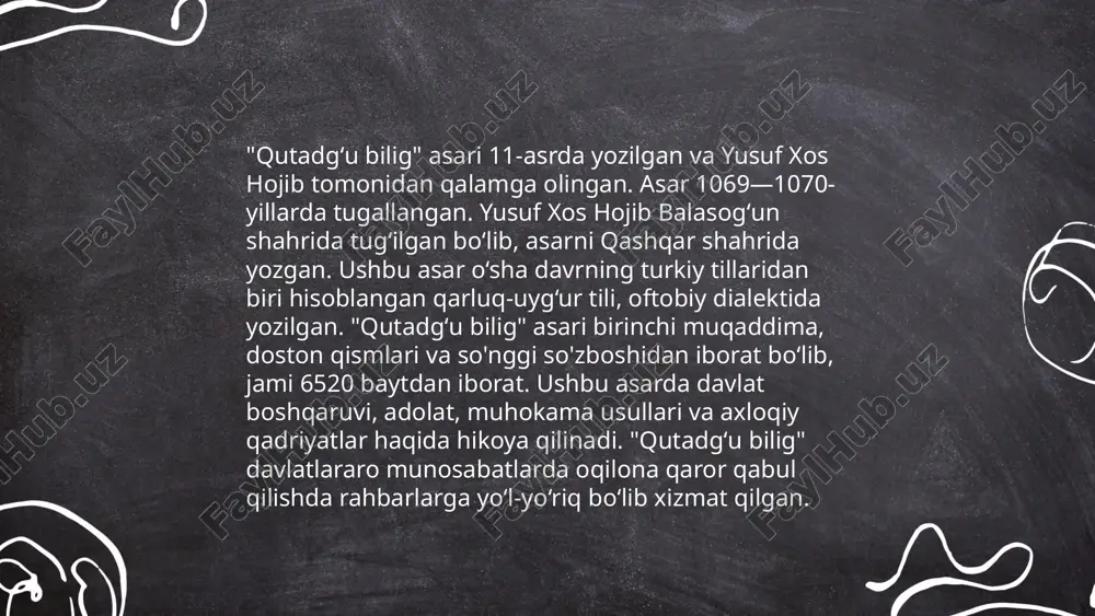 tdan subyektiv bo‘lib, har bir shaxs uchun turlicha ma'no kasb etishi mumkin. baxtning asosi odatda insonning o‘z oldiga qo‘ygan maqsadlariga erishishi, muhabbat, do‘stlik, sog‘liq, va ma'naviy rivojlanish bilan bog‘liq bo‘ladi. saodat esa ko‘proq ichki tinchlik va barqarorlik holatini ifodalaydi. jamiyatda baxt indeksi kabi o‘lchovlar mavjud bo‘lib, davlatlar o‘z fuqarolarining baxtini baholash uchun foydalanadi. ushbu o‘lchovlar odatda iqtisodiy farovonlik, ijtimoiy ko‘mak va erkinlik darajasi kabi omillarni o‘z ichiga oladi. ... t.me/slaydai_bot 10. "qutadgʻu bilig"da xalq hikmatlari "qutadg'u bilig" — bu o'rta asr turkiy adabiyotining mashhur asari bo'lib, uni yusuf xos hojib 1069-1070 yillarda yozgan. asar jamiyat, axloq va davlat boshqaruvi masalalariga bag'ishlangan. "qutadg'u bilig" doston shaklida yozilgan bo'lib, 6520 baytdan iborat. unda xalq hikmatlari, maqollar va turli pand-nasihatlar juda ko'p uchraydi. asarda to'rt asosiy qahramon orqali adolat, saodat, aqida va qanoat kabi muhim tushunchalar tasvirlangan. "qutadg'u bilig" türk xalqlarining ilk adabiy meroslaridan biri bo'lib, hozirgi kunda ham uning hikmatlari turli tillarga …