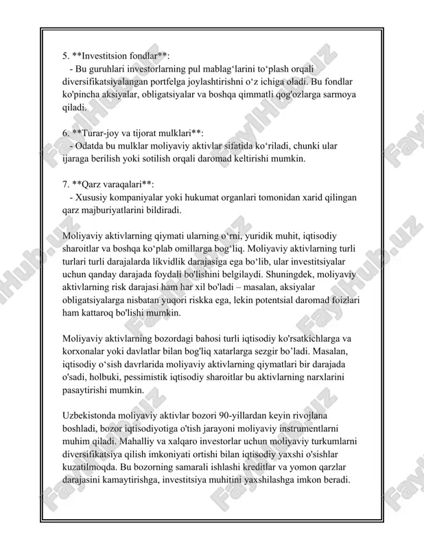 aniq boshlangan va tugagan davrlarga ega emas, balki uzoq davom etgan ijtimoiy-iqtisodiy rivojlanishning qismi hisoblanadi. o‘zbekistonda ham tarixiy davomiylikni o‘rganishda turli asrlar davomida mintaqadagi turli davlat va jamiyatlar o‘rtasidagi o‘zaro ta’sirlar, iqtisodiy va madaniy rivojlanishlar e'tiborga olinadi. jumladan, qadimgi davrlarda ahamoniylar saltanati, so‘g‘diyona va bactriya madaniyatlari, oʻrta asrlarda esa temuriylar davrining uzoq davom etgan ta'siri ko‘p jihatdan tarixiy davomiylik nuqtai nazaridan qaralishi lozim. tarixiy davomiylik bo‘yicha tadqiqotlar insoniyat tarixini universal xronologik chiziq sifatida emas, balki ko‘plab o‘zaro aloqador bo‘lgan jarayonlar va o‘zgarishlar majmuasi sifatida ko‘rishga imkon beradi. bu esa kelgusida tarixdan saboq olish va yangiliklarni joriy qilishda bilimli va puxta qaror qabul qilishga yordam beradi. 3. aktivlar qiymatini baholash usullari aktivlar qiymatini baholash usullari korxonalar va tashkilotlar uchun muhim jarayon hisoblanadi. bu jarayon ularni moliyaviy natijalarini aniqlash va strategik qarorlar qabul qilishda yordam beradi. aktivlar qiymatini baholashning bir necha asosiy usullari mavjud. quyida ushbu usullarning asosiylari batafsil ko‘rib chiqiladi: 1. …