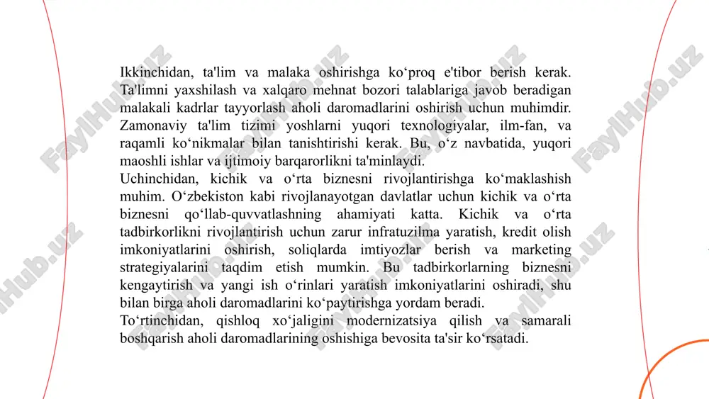ai_bot uchinchidan, tibbiy va psixologik yordamni ko‘rsatish. nogironlar, qariyalar, beva va yolg‘iz keksalar, psixologik yordamga muhtoj bo‘lgan odamlar uchun tibbiy va psixologik xizmatlar ko‘rsatilishi zarur. sog‘liqni saqlash tizimini kuchaytirish, sog‘liqni tiklash va terapiya xizmatlarini kengaytirish, ilg‘or texnologiyalarni joriy etish ahamiyatli. shuningdek, psixologik yordam xizmatlarini rivojlantirish, depressiya va ruhiy salomatlik muammolari bilan kurashishda yordam beradi. bu barcha choralar ijtimoiy himoya tizimining samaradorligini oshiradi. to‘rtinchidan, ta'lim va malaka oshirishga yordam. eng zaif guruhlarni ijtimoiy himoya qilishning yana bir muhim yo‘nalishi ta'lim va malaka oshirishdir. xususan, qashshoqlik va ishsizlik bilan kurashish uchun yoshlarni ta'lim va kasb-hunar o‘qitish muhimdir. ularni yangi kasblar o‘rganish, yuqori texnologiyalarni joriy etish, raqamli ko‘nikmalarni rivojlantirish imkoniyatlarini yaratish zarur. bu esa ularning o‘z daromadlarini oshirishga, jamiyatda faollikni kuchaytirishga va iqtisodiy muammolarni bartaraf etishga yordam beradi. ... t.me/slaydai_bot beshinchidan, huquqiy himoya va adolatni ta'minlash. ijtimoiy himoya tizimi faqat moddiy va tibbiy yordam bilan cheklanmasligi kerak. eng zaif guruhlar uchun huquqiy yordamni …