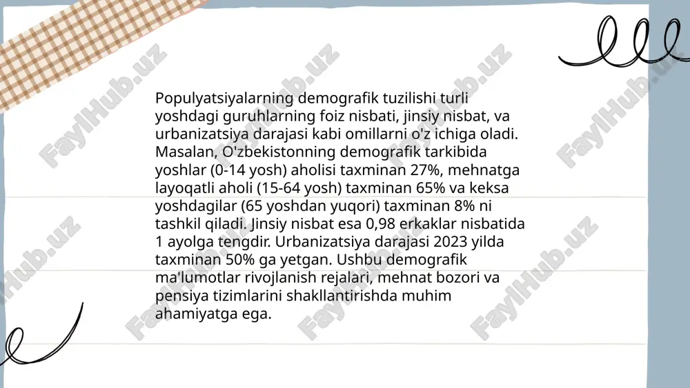 rda allel chastotalarini tasodifan o‘zgartiradi. migratsiya gen oqimi orqali allel xilma-xilligini oshirishi yoki kamaytirishi mumkin. mutatsiyalar esa yangi genetik o‘zgarishlar manbai bo‘lib xizmat qiladi. bu omillar birgalikda populatsiyaning genetik xilma-xilligini aniqlaydi. shuningdek, inbriding va selektiv juftlashish ham genetik strukturaning shakllanishiga ta'sir ko‘rsatadi. bu jarayonlar populyatsiyalarda evolyutsion o‘zgarishlarga sabab bo‘ladi. ... t.me/slaydai_bot 9. odam populyatsiyalarida irsiylanish: inson populyatsiyalarida genetik xilma-xillikni aniqlash uchun turli genetik markerlardan foydalaniladi. inson genomida taxminan 25,000 gen mavjud bo‘lib, ularning bir qismi populyatsion irsiylanishga ta'sir qiladi. genetik xilma-xillik tufayli ko'plab populyatsiyalar turli muhit sharoitlariga moslashadi. masalan, afrikada yashovchi populyatsiyalarda genetik xilma-xillik yuqori bo'lib, bu ularning irsiy ustunligini ko‘rsatadi. mitoxondriyal dnk va y xromosoma tahlillari orqali inson populyatsiyalarining evolyutsion tarixi o‘rganiladi. dunyodagi umumiy odam soni 8 milliarddan oshgan, bunda har bir inson genomi takrorlanmas bo‘lgan strukturalarga ega. ... t.me/slaydai_bot 10. nasldan naslga o'tuvchi kasalliklar nasldan naslga o'tuvchi kasalliklar genetik omillar tufayli avloddan avlodga o'tadi. umumiy genetik kasalliklar orasida …