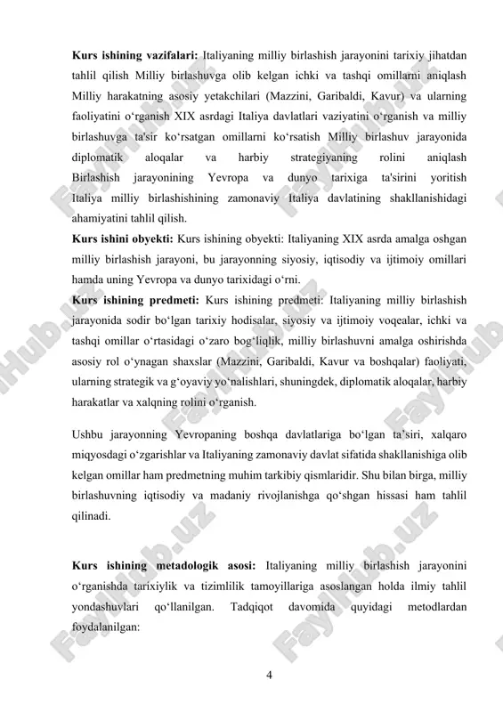 chiliklarini tahlil qilish, bu esa zamonaviy davlat qurilishi va milliy birdamlik jarayonlarini tushunishda qo‘llanishi mumkin ushbu tadqiqot natijalari talaba va o‘quvchilarning tarix fanidan bilimlarini boyitishda, tarixiy jarayonlarni tushunishda amaliy yordam beradi diplomatik va harbiy strategiyalarning o‘rganilishi zamonaviy xalqaro munosabatlar va siyosiy jarayonlarda tajribadan foydalanishga yo‘l ochadi milliy birlashuv jarayonining siyosiy, iqtisodiy va madaniy natijalarini tahlil qilish davlat boshqaruvi, jamiyat taraqqiyoti va milliy birdamlikni mustahkamlashga oid dasturlarni ishlab chiqishda foydali bo‘lishi mumkin italiya milliy birlashuvi tajribasi yevropaning boshqa davlatlarida amalga oshirilgan birlashuv jarayonlarini tahlil qilishga va ularning o‘zaro ta’sirini aniqlashga yordam beradi tadqiqot natijalari tarixiy va madaniy tadbirlarni tashkil qilishda, ta’lim va ilmiy izlanishlarda qo‘llanilishi mumkin ushbu kurs ishi milliy g‘oyaning jamiyatda birlashtiruvchi kuch sifatidagi ahamiyatini chuqurroq tushunishga imkon beradi i bob. italiyaning milliy birlashtirishi 1.1. italiyaning milliy birlashishining boshlanishi va sabablar italiyaning milliy birlashishi xix asrning o‘rtalarida boshlangan va 1870-yillarga kelib yakunlanadi. bu jarayonning boshlanishi bir qancha ichki va tashqi …