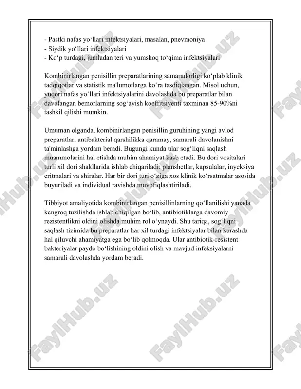 ichiga oladi, bu esa ularni ba'zi penitsillinlarga chidamli bakteriyalar bilan kurashishda samaraliroq qiladi. masalan, amoksitsslindan iborat yangi avlod dori shakllari klavulans kislotasi bilan kombinatsiya qilinganida bakteriyalarning penitsillinaza ishlab chiqarishini neytrallashtiradi va shuning uchun u infeksion jarayonlarga qarshi samarali ishlaydi. shu sababli, dori ishlab chiqaruvchilar pensillinaza blokatorlari bilan kombinatsiyalangan preparatlarni yaratishda yangi usullar izlashda davom etmoqdalar. ushbu dori vositalarining dozalash rejimlari va ko'rsatmalari bemorning yoshi, kasallik chidamliligi va sog'lig'ining umumiy holatiga qarab moslanadi, bu esa individual tekshiruvlar va tibbiy maslahat olish orqali tasdiqlanishi kerak. shuning uchun ularni faqat mutaxassislar tavsiyasi va nazorati ostida qabul qilish tavsiya etiladi. 3. penisillin va beta-laktamaz ingibitorlari kombinatsiyasi penitsillin va beta-laktamaz ingibitorlari kombinatsiyasi zamonaviy tibbiyotda keng qo'llaniladigan muhim dori vositalaridan biridir. ushbu kombinatsiyalar asosan beta-laktamaz hosil qiluvchi bakteriyalar sababli penitsillin va boshqa beta-laktam antibiotiklariga qarshilik ko'rsatadigan bakterial infeksiyalarni davolashda ishlatiladi. beta-laktamazlar - bu bakteriyalar tomonidan ishlab chiqariladigan fermentlardir va ular beta-laktam antibiotiklarining beta-laktam halqalarini gidroliz qilish …