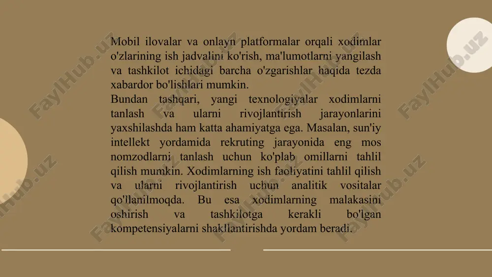 mumkin. yangi texnologiyalar xodimlarning samaradorligini oshiradi va tashkilotning raqobatbardoshligini kuchaytiradi. ... t.me/slaydai_bot birinchidan, raqamli platformalar yordamida xodimlarning ish faoliyatini tahlil qilish va monitoring qilishni soddalashtirish mumkin. masalan, sun'iy intellekt yordamida xodimlarning samaradorligini prognoz qilish va ish faoliyatini tahlil qilish imkoniyatlari mavjud. bu xodimlarni rivojlantirish va ularga qo‘shimcha treninglar yoki malaka oshirish imkoniyatlarini taqdim etish uchun foydali bo‘ladi. rekruting va selektsiya jarayonlarini avtomatlashtirish ham muhim strategiya hisoblanadi. raqamli platformalar orqali nomzodlarni tanlash va intervyu jarayonlarini tezlashtirish mumkin. sun'iy intellekt yordamida nomzodlarning malakalarini tahlil qilish va ular orasidan eng moslarini tanlashni avtomatlashtirish, vaqtni tejashga va xatoliklarni kamaytirishga yordam beradi. muammoli oila va uning yechimi. profi unversteti 103 mts talabasi saidova nilufar milliy tarbiya fanidan e'tiboringiz uchun raxmat! image1.png image2.png image3.png image4.jfif image5.png image6.jfif image7.jfif image8.jfif
