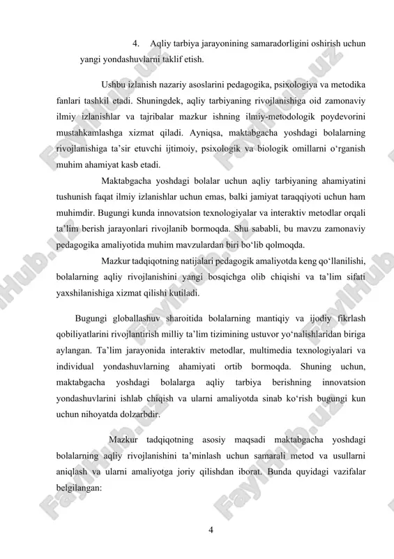uv hamda mustaqil qaror qabul qilish ko‘nikmalarini shakllantirish imkonini beradi. mazkur izlanish natijalari maktabgacha ta’lim muassasalari, ota-onalar va pedagoglar uchun amaliy ahamiyatga ega bo‘lib, ta’lim sifatini oshirishga xizmat qiladi. ushbu mavzuni o‘rganish natijasida bolalar ta'limining eng muhim qirralarini aniqlash va ularni rivojlantirishga doir tavsiyalar ishlab chiqish ko‘zda tutilgan. buning natijasida maktabgacha ta'lim tizimining samaradorligini oshirish va jamiyat taraqqiyotiga hissa qo‘shish mumkin bo‘ladi. i bob. aqliy tarbiya berishning usullari va metodlari 1.1. aqliy tarbiyaning ta'rifi aqliy tarbiya maktabgacha yoshdagi bolalarning intellektual rivojlanishiga qaratilgan jarayon bo‘lib, ularning fikrlash, muammoni hal qilish, tahlil qilish va ijodiy yondashuv ko‘nikmalarini shakllantirishni o‘z ichiga oladi. ushbu jarayon bolalarning bilim olishga qiziqishini uyg‘otish, mantiqiy xulosa chiqarish qobiliyatini rivojlantirish va turli vaziyatlarda o‘zini mustaqil ravishda boshqarish imkoniyatini oshirishni maqsad qiladi. [image: ] 1 rasm. aqliy tarbiya turli metod va vositalar orqali amalga oshiriladi. jumladan, bolalar uchun maxsus ishlab chiqilgan o‘yinlar, interaktiv mashg‘ulotlar, hikoyalar aytish va ijodiy topshiriqlar bolalarda …