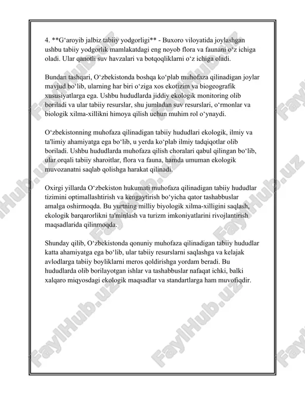 merosi ro'yxatiga kiritilgan - flora va fauna turi: 26 endemik parrandalar turi, 14 million dengiz qushi - mashhurligi: charlz darvinning 1835 yilgi ekspeditsiyasi va evolyutsiya nazariyasi ilgari surilishida muhim manba yuqoridagi ma'lumotlar orqali milliy bog'lar yashash muhiti va global ekologik muhofaza qilishda qanchalik muhim ekanligini ko'rsatadi. bu raqamlar va ma'lumotlar dunyodagi bir nechta mashhur va muhim milliy bog'larning vazifalari va ularga bog'liq tabiiy resurslar haqida umumiy tasavvur hosil qilish imkonini beradi. milliy bog'lar turizmni rag'batlantirish bilan bir qatorda, tabiiy zaminda biologik xilma-xillikni himoya qilishda katta rol o'ynaydi. 3. biosfera rezervatlar biosfera rezervatlari - bu tabiiy ekotizimlarni saqlash va biologik xilma-xillikni qoʻllab-quvvatlash maqsadida tashkil etilgan hududlar. ular global ekologik tarmoqqa kiradi va aholining turmush tarzini yaxshilash bilan birga, tabiat boyliklaridan oqilona foydalanishni taʼminlaydi. dunyo boʻylab biosfera rezervatlarining soni 2021-yil holatiga koʻra, 714 tani tashkil etadi. bu rezervatlar 129 mamlakat hududiga taqsimlangan boʻlib, ular orasida dunyo miqyosida eng yirik va koʻp sonli …