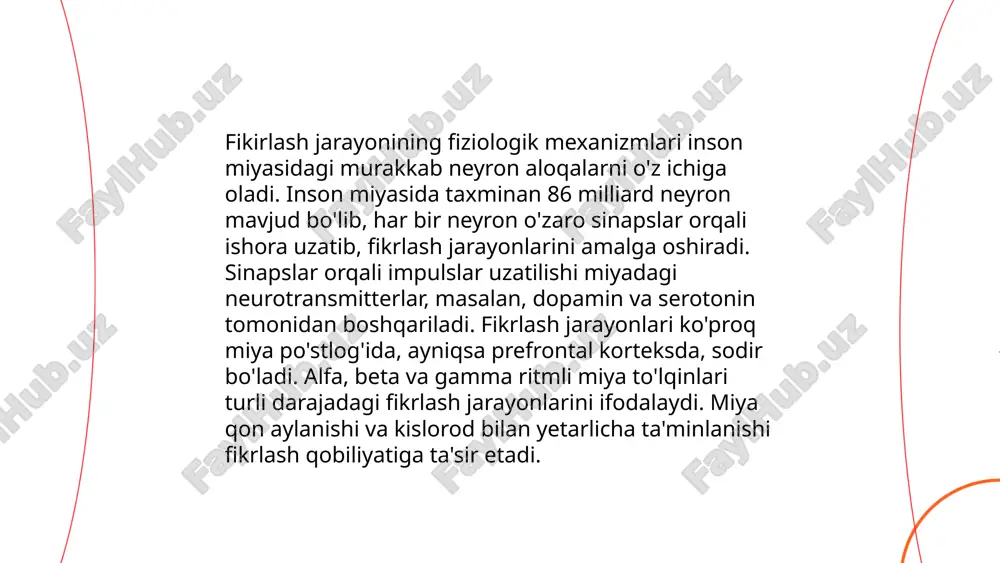 asalan, xotira, diqqat va qaror qabul qilish bilan bog'liqdir. fikirlash faoliyatning pisixa fizalogiyasi baxronov alisher ismatullaev temurbek axmetboyev g'anijon e'tiboringiz uchun raxmat! image1.png image2.png image3.png image4.jfif image5.png image6.jpg image7.jpg image8.jfif
