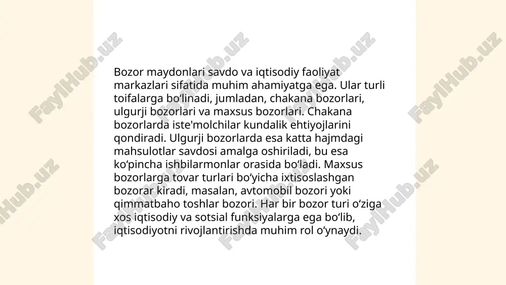 exnologik innovatsiyalar va raqamli transformatsiyalar bilan bog'liq. ... t.me/slaydai_bot marketing va reklama infratuzilmasi o'zbekistonda tobora rivojlanmoqda. 2022-yilda internet foydalanuvchilari soni 27 milliondan oshgan, bu marketing uchun keng imkoniyatlar yaratadi. mobil marketing ham sezilarli darajada oshmoqda, chunki mobil foydalanuvchilar soni 25 millionni tashkil etadi. raqamli reklama bozorining hajmi yiliga 20% ga oshmoqda. o’zbekiston bozorida 100 dan ortiq marketing agentliklari faoliyat yuritadi. teng tariflarni reklama xizmatlari uchun 10-20 million so'm etishmumkin, bu kompaniyalarning raqamli platformalarda faol reklamaga o’tishini rag'batlantiradi. ijtimoiy media, ayniqsa instagram va telegram, reklama uchun eng ommabop platformalardir, ular orqali kompaniyalar millionlab mijozlarga yetishi mumkin. ... t.me/slaydai_bot 10. taklif va talabni boshqarish tizimlari taklif va talabni boshqarish tizimlari bozorda mahsulotlar va xizmatlarning narxlarini va miqdorini muvozanatlashga yordam beradi. talab bozor ehtiyojlari va iste'molchilar istaklarini ifodalaydi, taklif esa ishlab chiqaruvchilar tomonidan bozorga taqdim etiladigan mahsulotlar miqdoridir. talab va taklifning kesishishi natijasida muvozanat narxi va muvozanat miqdori hosil bo'ladi. talab oshsa, narx …