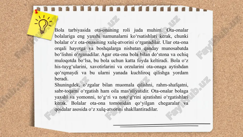 oshirishda juda muhim ahamiyatga ega. oila bolalar uchun birinchi tarbiya manbai bo‘lsa, jamoat tashkilotlari ham ularni ijtimoiy, ma'naviy va madaniy jihatdan rivojlantirishda muhim rol o‘ynaydi. birgalikda ta'lim-tarbiyaviy tadbirlar o‘tkazish. oila va jamoat tashkilotlari o‘rtasidagi hamkorlik bolalarga ko‘proq bilim va tarbiya olish imkoniyatini yaratadi. jamoat tashkilotlari tomonidan o‘tkaziladigan treninglar, ma'naviy-ma'rifiy tadbirlar va o‘qituvchilar tomonidan tashkil etiladigan seminarlarda ota-onalar ham ishtirok etishlari zarur. bu orqali ular bolalarining rivojlanishiga yanada yaxshiroq ta'sir ko‘rsatish imkoniyatiga ega bo‘ladilar. 9 ... t.me/slaydai_bot birgalikda mas'uliyatli qarorlar qabul qilish. oila va jamoat tashkilotlari bolalar tarbiyasi bo‘yicha qarorlar qabul qilishda hamkorlik qilishlari kerak. ota-ona bolalarning ehtiyojlarini yaxshiroq biladi, lekin jamoat tashkilotlari ijtimoiy va axloqiy me'yorlarga asoslangan maslahatlar berishi mumkin. ushbu hamkorlik orqali, masalan, o‘quvchilarni o‘qishga jalb qilish, ijtimoiy muammolarni hal qilish yoki ularga ma'naviy qiymatlarni o‘rgatish kabi masalalarda yaxshiroq natijalarga erishish mumkin. ijtimoiy loyihalar va tadbirlarda ishtirok etish. oila va jamoat tashkilotlari birgalikda ijtimoiy loyihalarni amalga oshirishi, bolalarni jamiyatdagi …