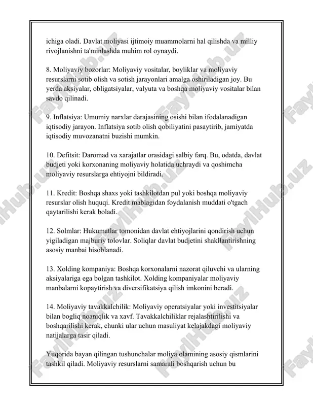 atiga kora, soliq tushumlardan kelib tushgan mablaglar davlat byudjeti daromadlarining asosiy qismini tashkil etgan. moliyaning zarurligini yoritishda qarz bozorlarining ahamiyatini eslatib otish lozim. xalqaro moliya institutlari, masalan, xalqaro valyuta jamg'armasi (imf) va jahon banki rivojlanayotgan davlatlarga yuzlab milliard dollar hajmda kreditlar ajratmoqda. ushbu mablag'lar infratuzilma loyihalarini amalga oshirish, qashshoqlikka qarshi kurashish va ta'lim hamda sog'liqni saqlash sohalarida islohotlarni moliyalashtirishga sarflanadi. 2021-yilda jahon banki global miqyosda 67 milliard dollar hajmida moliyalashtirish ajratganligini e'lon qildi. moliyalashning barqarorligi va samaradorligi iqtisodiy siyosatning to'g'ri yo'nalishda olib borilishiga ham bog'liq. moliyaviy boshqaruvning samaradorligi ko'pincha samarali soliq siyosati, davlat qarzi boshqaruvi va byudjetni oqilona shakllantirishga asoslanadi. 2023-yilda ozbekiston davlat budjeti qariyb 240 trillion som miqdorida shakllantirilgan bolib, bu soliq solishning yanada samarali tizimini qollash va moliyaviy boshqaruvni kuchaytirish natijasidir. xulosa qilib aytganda, moliyaning zarurligi va ahamiyati iqtisodiy subyektlar uchun resurslarga kirishni ta'minlash, iqtisodiy barqarorlik va rivojlanishni qo'llab-quvvatlash va risklarni boshqarish vazifalarida o'z aksini topadi. ushbu jarayonni …