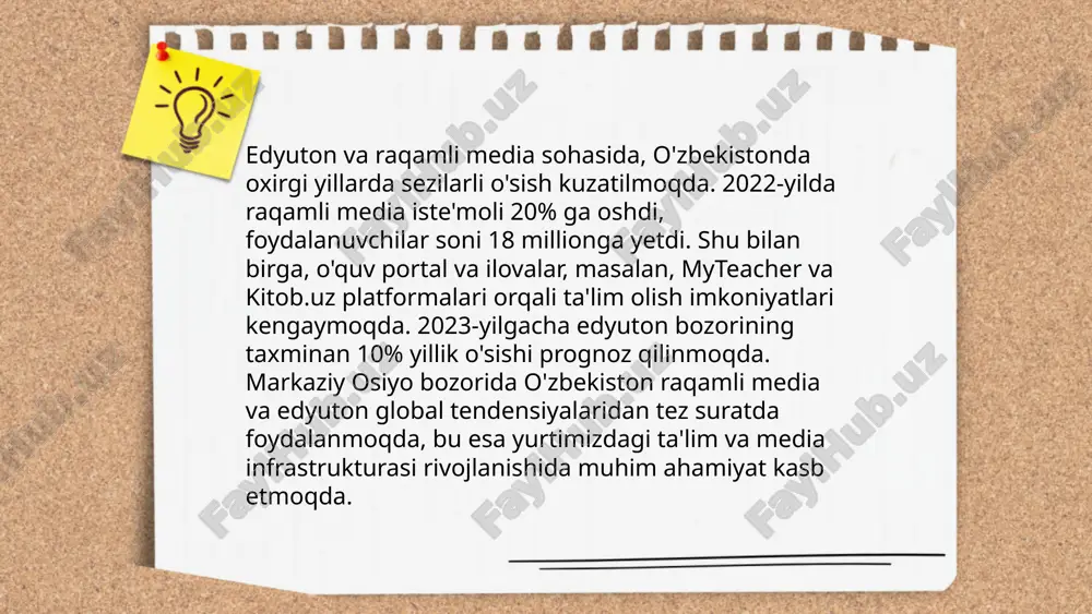 i. statistik ma'lumotlarga ko'ra, gamifikatsiya qilinadigan darslarda ishtirok etgan talabalarning 67% o'zlashtirish darajasi yuqorilagan. ta'limda gamifikatsiya 45% o'quvchining motivatsiyasini oshiradi va 30% ga qiziqishini kuchaytiradi. bugungi kunda, universitetlarning 53% ta'lim dasturlarida gamifikatsiya elementlarini joriy etgan. o'qituvchilarning 60% gamifikatsiya orqali o'quvchilarining faoliyatini nazorat qilish qulayligini his qilishgan. shu yo'l bilan ta'lim muassasalari faoliyati samaradorligini 25% oshirdi. ... t.me/slaydai_bot 10. edyuton va interaktiv ta'lim texnologiyalari edyuton va interaktiv ta'lim texnologiyalari o'quv jarayonini samaraliroq qilishga qaratilgan. 2020-yilda dunyoda qariyb 1.6 milliard talaba raqamli ta'lim platformalaridan foydalangan. ushbu texnologiyalar o'qitish jarayonini shaxsga moslashtirish va interaktivlikni oshirish imkonini beradi. masalan, edapp yoki kahoot kabi ilovalar yordamida o'qituvchilar darslarni qiziqarli va interaktiv qilishlari mumkin. 2022-yilda interaktiv ta'lim texnologiyalari bozori qiymati 5.2 milliard dollarni tashkil qildi va 2027-yilgacha bu raqam 12.1 milliard dollarga yetishi kutilmoqda. bu texnologiyalar ta'limda yanada keng qo'llanilib, samaradorlikni oshirmoqda. ... t.me/slaydai_bot media savodxonligi va edyuton mavzusi axborot asrida juda muhim hisoblanadi. o‘zbekiston axborot …