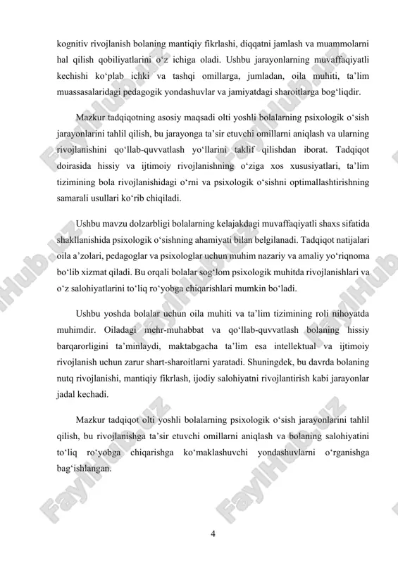 o‘z atrof-muhiti bilan faol muloqot qiladi. ushbu o‘sish nafaqat bolaning intellektual rivojlanishida, balki uning hissiy barqarorligi va ijtimoiy moslashuv qobiliyatida ham namoyon bo‘ladi. psixologik o‘sishning tabiiy jarayoni turli bosqichlarni o‘z ichiga oladi va bu bosqichlarda bola o‘zining yangi qobiliyatlarini kashf etadi. shu bois, psixologik rivojlanishni o‘rganish, uning xususiyatlarini tushunish va uni qo‘llab-quvvatlash bola hayotidagi muhim maqsadlarga erishishida hal qiluvchi ahamiyat kasb etadi. psixologik o‘sish – bu insonning ruhiy rivojlanish jarayoni bo‘lib, unda shaxsning aqliy, hissiy, va ijtimoiy jihatlari izchil shakllanadi va takomillashadi. bu jarayon insonning tug‘ilishidan boshlab bosqichma-bosqich davom etib, uning hayot tajribasi, atrof-muhit bilan o‘zaro aloqalari va ichki qobiliyatlariga bog‘liq holda kechadi. psixologik o‘sishning asosiy jihati shundaki, bu jarayon orqali inson o‘zini anglash, his-tuyg‘ularini boshqarish, qarorlar qabul qilish va murakkab vaziyatlarni hal qilish qobiliyatlarini rivojlantiradi. ushbu o‘sishning o‘ziga xosligi har bir insonning individual qobiliyatlari va ehtiyojlariga mos ravishda namoyon bo‘ladi. bola hayotidagi dastlabki yillar psixologik o‘sish uchun juda muhim …