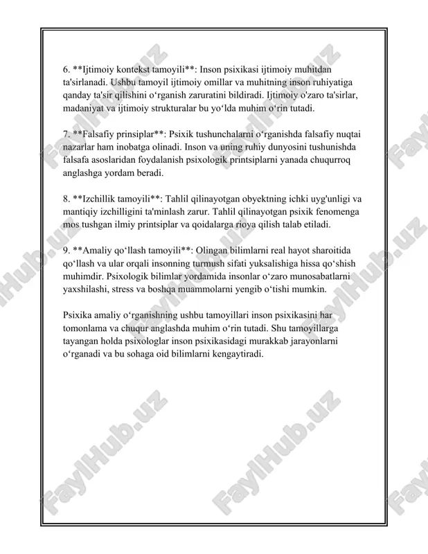 maqsadini anglashiga ijobiy ta'sir ko'rsatdi. 8. **iste'dodlarni rivojlantirish dasturlari**: tanlangan sohalarda alohida qobiliyatlarga ega bolalarning rivojlanishi uchun ta'lim muassasalari xalqaro miqyosda dasturlar yaratadi. ushbu dasturlar bolalarning iq darajasini 10-15% ga oshirishi mumkin, bu esa ularning kelgusidagi muvaffaqiyatlariga ijobiy ta'sir ko'rsatadi. ushbu usullar inson ong va ichki dunyosining murakkab jihatlarini tushunishga va boshqarishga xizmat qiladi. psixik rivojlanishni qo'llab-quvvatlash va yaxshilash vositalari muayyan holatlarga moslashuvchan bo'lishi kerak va har bir individning o'ziga xos ehtiyojlariga javob bera olishi zarur. bunda yosh, ijtimoiy muhit, genetik moyillik kabi omillarni hisobga olish juda muhim ahamiyatga ega. 3. amaliy psixologiya mashqlari amaliy psixologiya mashqlari psixologik treninglar, mashqlar va terapiya jarayonlari orqali insonlarning ruhiy holatini yaxshilashga qaratilgan. ushbu soha insonlarning ko'nikma va mahoratini rivojlantirishga, hayot sifatini oshirishga yordam berish uchun mo'ljallangan. amaliy psixologiya mashqlari turli metodlar va texnikalarni o'z ichiga oladi, bu esa ularning samaradorligini oshiradi. ### amaliy psixologiya mashqlari: 1. **relaxatsiya mashqlari**: ushbu mashqlar stress va tashvishni …