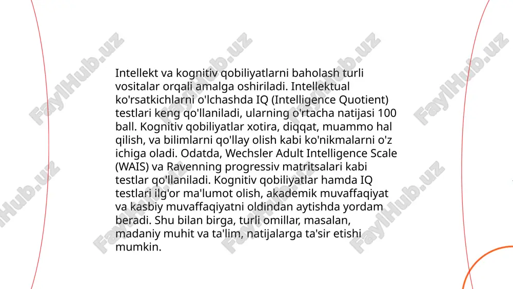 lash tizimi. statistikaga ko‘ra, samarali yaroqlilik baholash tizimi joriy etilgan tashkilotlar faoliyatida o‘rtacha 25% samaradorlik oshishi kuzatiladi. bundan tashqari, xodimlar o‘rtasida qoniqish darajasi 15-20% ga oshishi mumkin. baholash natijalari malaka oshirish bo‘yicha amaliy chora-tadbirlarni rejalashtirishda muhim rol o‘ynaydi. ... t.me/slaydai_bot ijtimoiy moslashuv va ijtimoiy qobiliyatlar shaxsning jamiyatda muvaffaqiyatli integratsiyalashuvi uchun muhimdir. tadqiqotlar ko'rsatadiki, ijtimoiy qobiliyatlari yuqori bo'lgan insonlar samarali muloqot qila olishadi, nizolarni hal qilishda muvaffaqiyatga erishadilar va jamoatda yetakchilik qobiliyatlariga egalik qilishadi. masalan, 70% boshqaruvchilar kuchli ijtimoiy qobiliyatlarini muvaffaqiyatning muhim omili deb bilishadi. ijtimoiy moslashuv esa insonning turli ijtimoiy muhitlarga tezda moslashish qobiliyati bilan bog'liq bo'lib, bu ko'rsatkich 80% hollarda yuqori darajadagi muvaffaqiyat va baxt hissi bilan bog'liq. shu tufayli maktablar va korxonalar bu qobiliyatlarni rivojlantirishga katta ahamiyat berishadi. psixadiagnostik tekshiruv va tadqiqotlar. xakimova zarnigor e'tiboringiz uchun raxmat! image1.png image2.png image3.png image4.jfif image5.png image6.jfif image7.jfif
