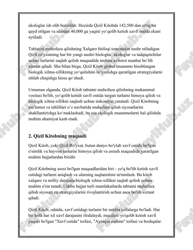 langan strategiyalarni tadbiq etish uchun yo'l xaritasini belgilaydi. qizil kitobning muvaffaqiyatli amalga oshirilishi uchun davlatlar, nodavlat tashkilotlar va jamoatchilik o'rtasidagi hamkorlik alohida ahamiyatga ega. bundan tashqari, ilmiy tadqiqotlar, biologlar va ekologlar tomonidan tabiatni saqlash yo'nalishida olib borilgan izlanishlar, qizil kitobni yangilash va rivojlantirishda doimiy asos bo'lib xizmat qiladi. bu jarayonning yana bir muhim qismi ekologik ko'ngilli harakatlardir, ular tabiatni asrash va yo'qolib ketish xavfi ostidagi turlarni himoya qilishga jamoatchilikni jalb qilish orqali amalga oshiriladi. 3. yo'qolib ketayotgan hayvon turlari yo'qolib ketayotgan hayvon turlari global muammo bo'lib, bu hayvonlarning ko'plab turlari yer yuzidan yo'qolish xavfiga duch kelmoqda. iucn (xalqaro tabiatni muhofaza qilish ittifoqi) tomonidan qizil ro'yxatga kiritilgan hayvonlar soni 2023 yil holatiga ko'ra 42,100 tadan oshdi. ushbu ro'yxatda har bir hayvon turi holati baholanadi va qanchalik xavf ostida ekanligi aniqlanadi. asosiy sabablari orasida yashash joylarining yo'qolishi, brakonerlik, ifloslanish va iqlim o'zgarishi mavjud. masalan, amur yo'lbarsi hozirda 500 dan kam bosh soniga …