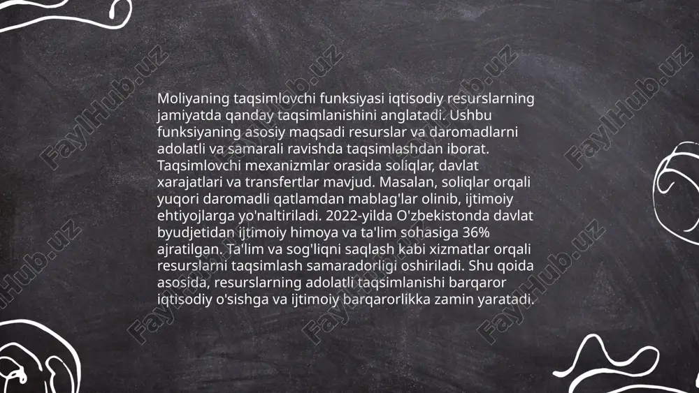 rlarni qo‘llab-quvvatlash imkoniyatini beradi. ... t.me/slaydai_bot moliya va davlat siyosati sohasida o‘zbekiston iqtisodiy o‘sishini ta’minlash maqsadida turli islohotlar amalga oshirilmoqda. 2022 yilda o‘zbekistonning davlat byudjeti hajmi 200 trillion so‘mdan oshdi. davlat tashqi qarzi 2023 yil boshida 24 milliard aqsh dollarini tashkil etdi. moliya vazirligi ma’lumotlariga ko‘ra, inflatsiya darajasi 2023 yilda 9 foiz atrofida prognoz qilindi. 2023–2026 yillarda davlat investitsiyalari hajmi yiliga o‘rtacha 15% o‘sishi rejalashtirilgan. soliq siyosati doirasida yuridik shaxslar uchun foyda solig‘i stavkasi 2022 yilda 15% etib belgilangan. davlat strategiyasida ijtimoiy sohalarga, ayniqsa sog‘liqni saqlash va ta’limga ajratiladigan mablag‘larni oshirish maqsad qilingan. ... t.me/slaydai_bot moliyaning resurslarni taqsimlashdagi roli juda muhimdir. moliya tizimi orqali jamg‘armalar iqtisodiyotning turli sohalariga yo‘naltiriladi. yalpi ichki mahsulot (yim) o‘sishi bilan investitsiyalar o‘zaro bog‘liq bo‘lib, samarali moliyaviy rejalashtirish resurslardan maksimal foyda olish imkonini beradi. statistik ma'lumotlarga ko'ra, rivojlangan mamlakatlarda investitsiyalarning yillik o'sishi 3-5% ni tashkil etadi. o'zbekistonda esa oxirgi yillarda investitsiya hajmi 10-15% ga oshgan. banklar, …