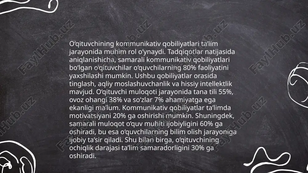 k ko'nikmalar birgalikda shaxsiy va ijtimoiy hayotda muvaffaqiyatga erishishda asosiy elementlar hisoblanadi. ma'lumotlarga ko'ra, empatik ko'nikmalarga ega odamlarni 20% ko'proq ijtimoiy qoniqish his etishadi. oʻqituvchi faoliyatida pedagogik qobiliyat atamuratova feruza e'tiboringiz uchun raxmat! image1.png image2.png image3.png image4.jpg image5.png image6.jpg image7.jpg