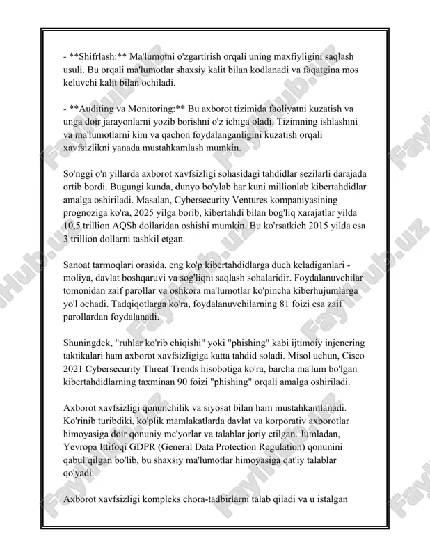 larga olib keladi. shu sababli tashkilotlar xodimlarini muntazam ravishda xavfsizlik haqida o'qitish va yangi tahdidlar haqida xabardor qilishni maqsad qilgan. 2021 yilda tashkilotlarning 64 foizi o'z xodimlari uchun axborot xavfsizligi bo'yicha treninglarni o'tkazgan. standartlar va me'yoriy hujjatlar axborot xavfsizligi sohasida yo'l-yo'riq beruvchi asosdir. eng keng tarqalgan standartlardan biri iso/iec 27001 bo'lib, u axborot xavfsizligini boshqarish tizimlari uchun xalqaro standart hisoblanadi. ushbu standart tashkilotlarga axborot xavfsizligini boshqarish jarayoni, tavakkalchiliklarni baholash va boshqarish, xavfsizlik siyosati ishlab chiqish va amalga oshirishda yordam beradi. kuchli parol siyosati ham axborot xavfsizligi strategiyalarining ajralmas qismi hisoblanadi. parollar kamida 12 belgidan iborat bo'lishi, katta va kichik harflar va maxsus belgilarni o'z ichiga olishi kerak. bundan tashqari, parollar muntazam ravishda o'zgartirilishi va hech qanday yondashuv orqali osonlik bilan aniqlanmasligi kerak. axborot xavfsizligi strategiyalarida eng muhim omillardan biri zaxira nusxalarini yaratishdir. zaxira ma'lumotlari yo'qotilgan taqdirda imkon qadar kamroq zarar ko'rish uchun zarur hisoblanadi. tadqiqotlarga ko'ra, kompaniyalarning 74 foizi muntazam …
