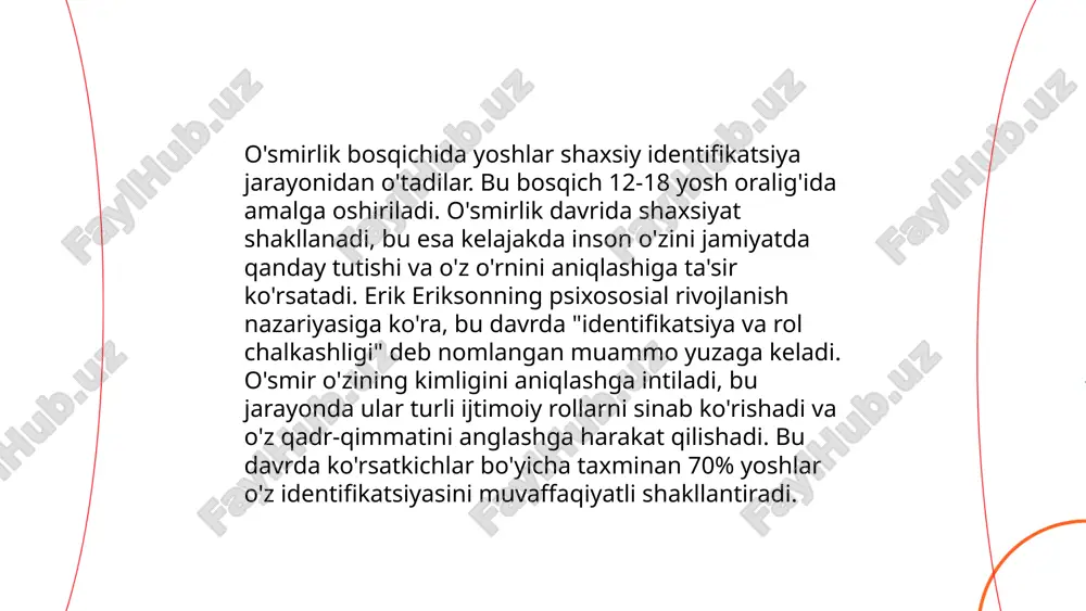 eng sezilarli darajada rivojlanadi. bu bosqichda mustahkam shaxsiy qadr-qimmatni shakllantirish kelajakdagi muvaffaqiyatlar uchun zamin yaratadi. ... t.me/slaydai_bot o'smirlar va ota-ona munosabatlari mavzusida ota-onalar va o'smirlar o'rtasidagi aloqa va hissiy yaqinlik juda muhim. tadqiqotlar shuni ko'rsatadiki, o'smir yoshdagi bolalarning 60% ga yaqini ota-onalari bilan ochiq muloqot qilishni istashadi. o'smirlik davrida ota-onalar bilan mustahkam aloqalar o'smirning ruhiy salomatligida 30% yaxshilanishga olib kelishi mumkin. shuningdek, o'smirlarning 70% i ota-onalarining qo'llab-quvvatlashi va tinglashi ularning o'ziga bo'lgan ishonchini oshirishini aytishadi. shu sababli, muntazam va ijobiy muloqot o'smirlar va ota-onalar o'rtasidagi sog'lom munosabatlar uchun zarurdir. ... t.me/slaydai_bot 10. o'smirlik davridagi do'stlik va ijtimoiy aloqa o'smirlik davridagi do'stlik va ijtimoiy aloqa juda muhim. ushbu davrda o'smirlar o'zaro munosabatlar orqali shaxsiy identifikatsiyani shakllantirishadi. tadqiqotlar shuni ko'rsatadiki, o'smirlarda do'stlik insonlararo ko'nikmalar, ishonch va hissiy qo'llab-quvvatlashni rivojlantiradi. 12-18 yosh oralig'ida o'smirlarda do'stlik o'zgaruvchan, ammo intensiv bo'lishi mumkin. bu davrda ijtimoiy aloqalar stress darajasini kamaytirishi va umumiy ruhiy salomatlikni yaxshilashi mumkin. …