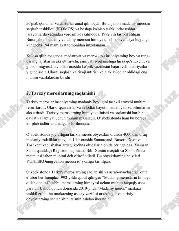 lodlarga etkazilishi "madaniy meros" tushunchasi insoniyat tarixiy taraqqiyotining muhim jihatlarini ifodalaydi va ajdodlarimiz tomonidan yaratilgan moddiy va ma'naviy boyliklarni o'z ichiga oladi. bu meros avlodlarga uzatilishi orqali kelajak avlodlar o'z tarixlarini, milliy va madaniy qadriyatlarini o'rganishlari mumkin. madaniy merosning avlodlarga etkazilishi nafaqat uning saqlanishi, balki jamiyatdagi har bir shaxsning bu boyliklarni qadrlashini ta'minlaydi. 2021 yilda o'zbekiston respublikasi bo'yicha madaniy meros agentligi tomonidan taqdim etilgan ma'lumotlarga ko'ra, mamlakatda rasman 7,000 dan ortiq madaniy meros obyektlari ro'yxatga olingan. shulardan 4,500 dan ortig'i arxeologik yodgorliklar, 2,500 dan ziyodi esa arxitektura va shaharsozlik yodgorliklaridir. ushbu obyektlar orasida ko'plab masjidlar, maqbara va qal'alar mavjud bo'lib, ularning aksariyati yuneskoning jahon merosi ro'yxatidan joy olgan. samarqand, buxoro va xiva shaharlaridagi tarixiy yodgorliklar bu ro'yxatga kiritilgan. madaniy merosning avlodlarga etkazilishi ta'lim jarayoni orqali amalga oshirilishi juda muhimdir. o'zbekistonda bu borada bir qancha dasturlar yo'lga qo'yilgan. masalan, maktab va maktabgacha ta'lim muassasalarida madaniy merosga oid maxsus o'quv dasturlari ishlab …