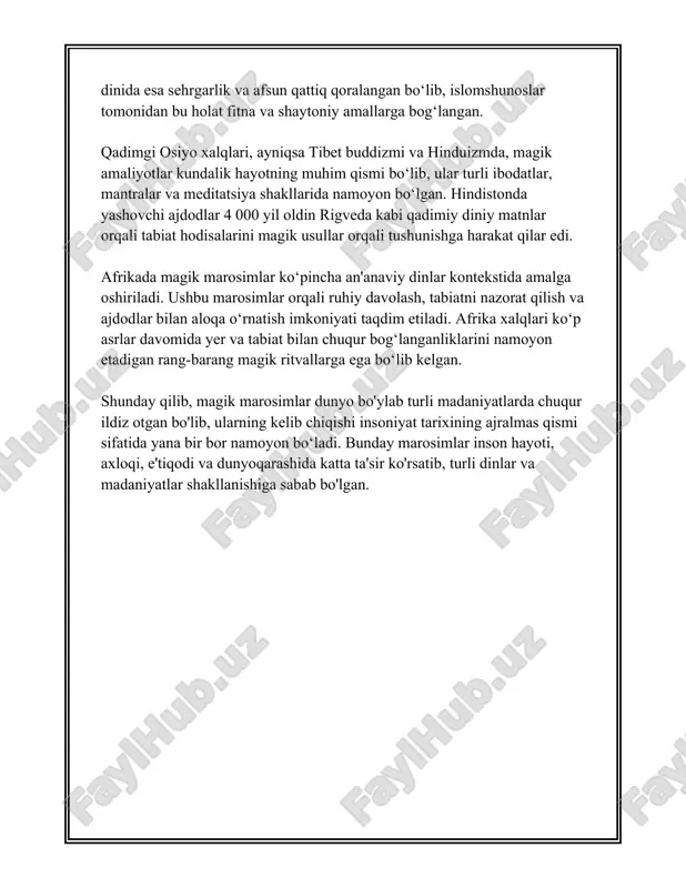 amalga oshirilgan. ishonishadiki, bu singari marosimlar tabiat bilan uyg‘unlikda yashash, muqaddaslikka erishish, inson hayotini yanada mazmunli qilish, tabiat hodisalarini anglash kabi chuqur maqsadlarni o‘z ichiga oladi. ushbu marosimlar tomonidan nafaqat diniy va e'tiqodiy ehtiyojlar qondirilgan, balki ular kishilarning jamiyatdagi o‘rnini, ularning axloqiy-me'yoriy kurashlarini ham ifodalaydi. bu esa o‘z navbatida xalqning ruhiy va madaniy hayotida sezilarli iz qoldiradi. bu magik marosimlar o‘zbekiston xalqining madaniy merosining ajralmas qismi sifatida muntazam ravishda o‘rganilib, tadqiq etilib kelinmoqda. har bir viloyat, har bir xalq guruhining o‘ziga xos marosimlari mavjud bo‘lib, ular xalqning boy tarixiy va madaniy xotirasi haqida ko‘plab ma'lumotlarni saqlab qolishga yordam beradi. 3. marosimlarda ishlatiladigan magik diniy atributlar marosimlarda ishlatiladigan magik diniy atributlar ko'plab madaniyatlar va dinlarda muhim o'rin tutadi. ular turli marosimlarni o'tkazishda qo'llaniladi va ko'pincha diniy, ruhiy hamda madaniy ahamiyatga ega. quyida turli madaniyatlarda ishlatiladigan ba'zi diniy atributlarning umumiy ma'lumotlari keltiriladi. 1. **budda dinida ishlatiladigan atributlar:** - **lotus guli:** budda dinida …