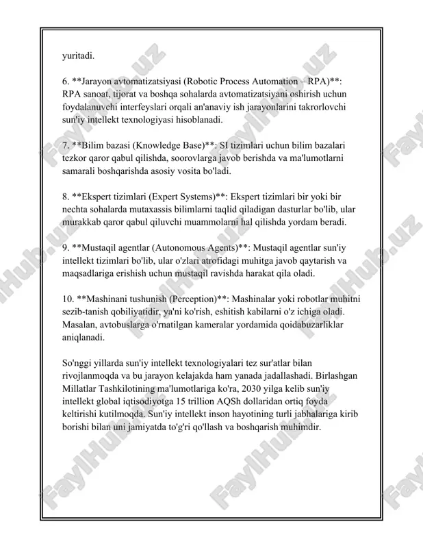 riga esa poisson taqsimoti orqali ahamiyatlilik darajasini belgilaydi. - **chiziqli regressiya**: bu regressiya muammolarini yechishda ishlatiladi. masalan, qaysidir o'lchovning vaqt orasida qanday o'zgarishini prognoz qilish uchun. 2. **nazorat qilinmaydigan o'rganish**: bu usulda modelga kirish ma'lumotlari beriladi, lekin ma'lumotlarning kirish-chiqish juftliklari belgilanmagan bo'ladi. maqsad, ma'lumotlar orasidagi yashirin tuzilmalarni aniqlashdir. - **k-means klasterlash**: ushbu algoritm ma'lumotlarni k ta klasterga ajratadi. har bir klaster ichida ma'lumotlar o'zaro yaqin bo'lishi kerak. - **asossiz komponent tahlili (pca)**: ushbu algoritm ko'p o'lchovli ma'lumotlarni o'lchamlarini kamaytirish uchun ishlatiladi va ma'lumotlarning asosiy komponentlarini ajratadi. 3. **yarim nazoratli o'rganish**: bu usulda ma'lumotlar orasida ba'zilari belgilangan va ba'zilari belgilangan emas. yarim nazoratli o'rganish usullari belgilangan ma'lumotlardan foydalanib, belgilangan bo'lmagan ma'lumotlarni ham o'rganish va ular ustida bashorat qilishga qaratilgan. 4. **mustahkamlash orqali o'rganish**: bu usulda agent o'z muhitidan qanday turdagi harakatlarni tanlash orqali maksimal mukofot olishni o'rganadi. markov qarorni jarayoni asosida ish olib boriladi. - **q-learning**: bu algoritm agentga ma'lum holatlarga …