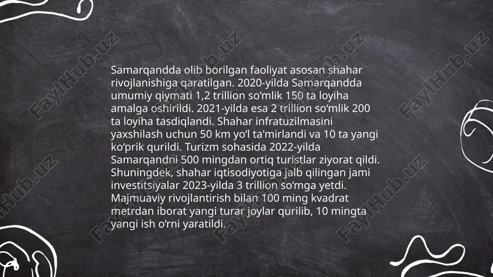 shhur matematik va astronomi boʻlib, koʻchmanchi turkiy xalqlar tarixida ilm-fan va madaniyat rivojiga katta hissa qo‘shgan. uning rasadxonasida ishlagan astronomlar yulduzlarning aniqligini 1° darajasiga yetkazgan. 1449-yilda o‘g‘li abdullatif tomonidan o‘ldirilgan. ... t.me/slaydai_bot 10. ulugʻbekning oilasi va shaxsiy hayoti ulugʻbek, toʻliq ismi muhammad taragay ibn shohrux, temuriylar sulolasiga mansub edi. uning otasi shohrux va onasi gavharshodbegim edi. ulugʻbek 1394-yilda sultoniya shahrida tugʻilgan. u temuriylar davlati hukmdori va nufuzli olim sifatida tanilgan. ulugʻbekning oʻzi astronomiya va matematika sohalarida katta contribusiyaga ega boʻlgan. uning asosiy hayoti samarqandda oʻtgan va u erda mashhur ulugʻbek rasadxonasi tashkil etilgan. shaxsiy hayotida ulugʻbek ota va qizi bilan yaqin munosabatda bo'lgan va oilaviy majburiyatlariga katta e'tibor qaratgan. uning farzandlari ham uning ishlarini davom ettirishgan. ... t.me/slaydai_bot ulugʻbek mirzo temuriylar davrining keng qamrovli olimi va hukmdori boʻlib, uning hukmronligi 15-asrda samarqandni ilmiy va madaniy markazga aylantirdi. ulugʻbekning eng mashhur asari – "zij-i ulugʻbek" astronomik jadvali boʻlib, bu asar yulduzlar …
