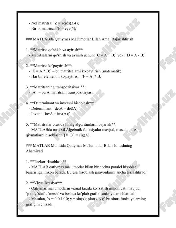 ning keng doirada qo'llanilish imkoniyatlarini beradi. misol uchun, muhandislikda, avtomatlashtirish va boshqaruv muammolarida, bioinformatikada, tibbiyotda diagnostikalarni amalga oshirishda, moliyaviy sohada qarorlar qabul qilishda va boshqa ko'plab sohalarda qatiymas tizimlar qo'llaniladi. ushbu vosita insoniy muhandislik tajribasini matematik modellar bilan birlashtirish imkonini taqdim etadi. fuzzy logic toolbox matlab muhitida interfeyslar va vositalar to'plamini taqdim etadi, ular yordamida foydalanuvchilar grafik tarzda tizimlarini yaratishi, tahrir qilishi va sinovdan o'tkazishi mumkin. bu esa dasturlashtirishning yig'ilish qiyinliklarini kamaytirishga yordam beradi va foydalanuvchilarga samarali ish jarayonini taqdim etadi. matlab muhitida fuzzy logic tizimlarining simulyatsiyasini o'tkazish, qator murakkab tizimlar modelini tahlil qilish uchun potensial katta imkoniyatlar taqdim etadi. shunday qilib, fuzzy logic toolbox qatiymas axborotlarni protsess qilish uchun qulay va samarador vosita hisoblanadi, u murakkab tizimlarni aniqlash va boshqarishda ahamiyatli rolni o'ynaydi. 3. matlab'da qatiymas ma'lumotlar uchun bulanlik ifodalash usullari matlab'da qattiymas ma'lumotlar uchun bulanlik ifodalash usullari juda muhim mavzulardan biri hisoblanadi. bulanik ifodalash usullari qattiymas (aniq chegaralarga …