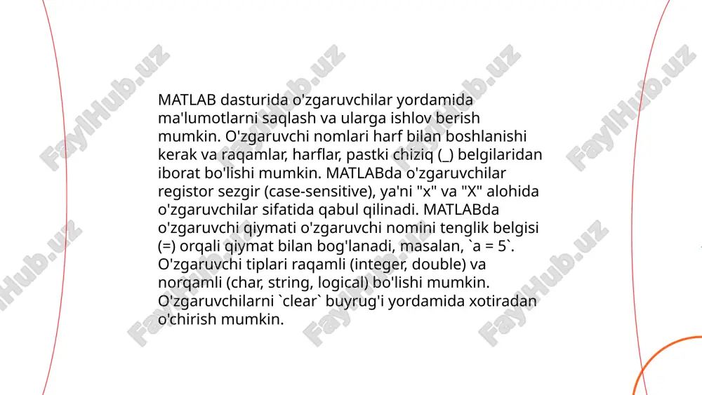 , va avtomatsizatsiya sohalarida keng qo'llaniladi. matlab bilan to'liq integratsiyalangan holda, foydalanuvchilar matematik tahlil va grafik imkoniyatlaridan foydalanishlari mumkin. yetkazilgan kutubxonalar va vositalar murakkab matematika va fizika modellarini ishlab chiqishni soddalashtiradi. simulink interfeysi orqali foydalanuvchi aniq matematika masalalarini yechishni optimallashtirishi va turli simulyatsiya variantlari orqali loyihalarni takomillashtirishi mumkin. ... t.me/slaydai_bot 10. matlabda ma'lumotlar tahlili matlab dasturi ma'lumotlar tahlili uchun keng qo'llaniladigan vositalardan biridir. unda ma'lumotlarni yuklash, tozalash, tasvirlash va modellashtirish imkoniyatlari mavjud. matlab ma'lumotlar tahlilida ko'plab funksiyalar va kutubxonalarni taqdim etadi, masalan, statistik tahlil uchun statistics and machine learning toolbox, tasvirlash va vizualizatsiya uchun plot va chart funksiyalari. ma'lumotlarni csv, excel yoki matnli fayllardan import qilish mumkin. ma'lumotlarni tozalashda nan qiymatlarini aniqlash va o'chirish, filtrlar qo'llash, normalizatsiya kabi amallarni bajarish qulay. matlabda dasturlash orqali ma'lumotlar tahlilini avtomatlashtirish ham mumkin. ... t.me/slaydai_bot matlabda fayllar bilan ishlash - bu ma'lumotlarni yuklash, saqlash va tahlil qilish uchun muhim jarayondir. matlabda matnli fayllar bilan …