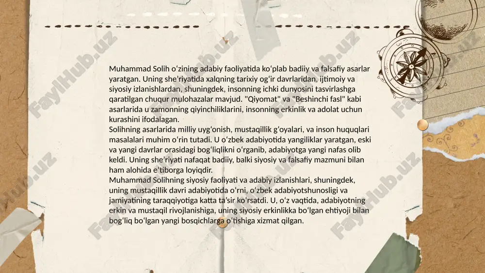 di. uning izhodida xx va xxi asrlardagi o'zbek jamiyatining izhtimoiy-siyosiy, iktisodiy va madaniy zharayonlari aks etadi. muhammad soligning she'r va nasrlarida insonning khayoti, ozodlik, adolat, va qadr-kimmat kabi mavzular keng yoritiladi. uning asarlari orqali o'tgan asrdagi katta o'zgarishlar, totalitar regilar ta'siri, yangi zamon muammolari o'quvchilarga e'tibor qaratish. uning turli davrlarning she'riyatini ochib beradi va zamonslar uchun va erkinlik hodisalarini oldin suradi. soling asarlari mahsus fikr va dunyoqarash bilan azhralib, ko'plab mukhlislirni o'ziga žalb qiladi. ... t.me/slaydai_bot foydalanilgan adabiyotlar 1 muhammad solih. devoni muhabbat – toshkent: o‘zbekiston fanlar akademiyasi, 1960. 2 valijonova n. muhammad solihning she'riy merosi – toshkent: adabiyot va san’at nashriyoti, 1975. 3 karimov u. o‘zbek mumtoz adabiyoti va muhammad solih ijodi – samarqand: samarqand universiteti nashriyoti, 1990. 4 qosimov h. muhammad solih – o‘zbek lirikasining yorqin namoyandasi – toshkent: o‘qituvchi, 1985. 5 boqiy a. muhammad solih va tasavvufiy adabiyot – buxoro: buxoro davlat universiteti nashriyoti, 2002. image1.png image2.png …